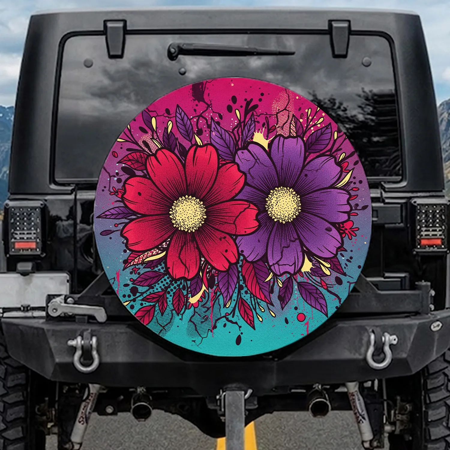 Magenta Purple Yellow Floral Leaves - Home Decor Gift for Flower Lovers Spare Tire Cover - 1