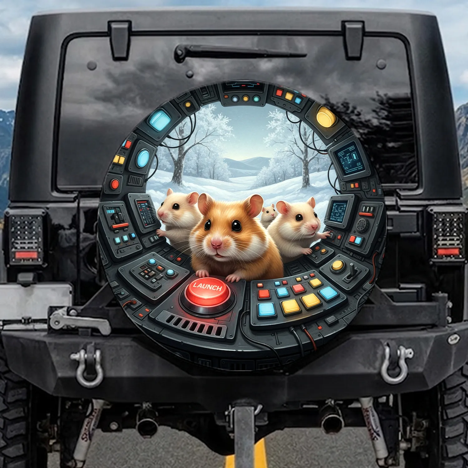 Four Hamsters Console Control Panel Winter Landscape - Animal Lover Gift Spare Tire Cover - 1