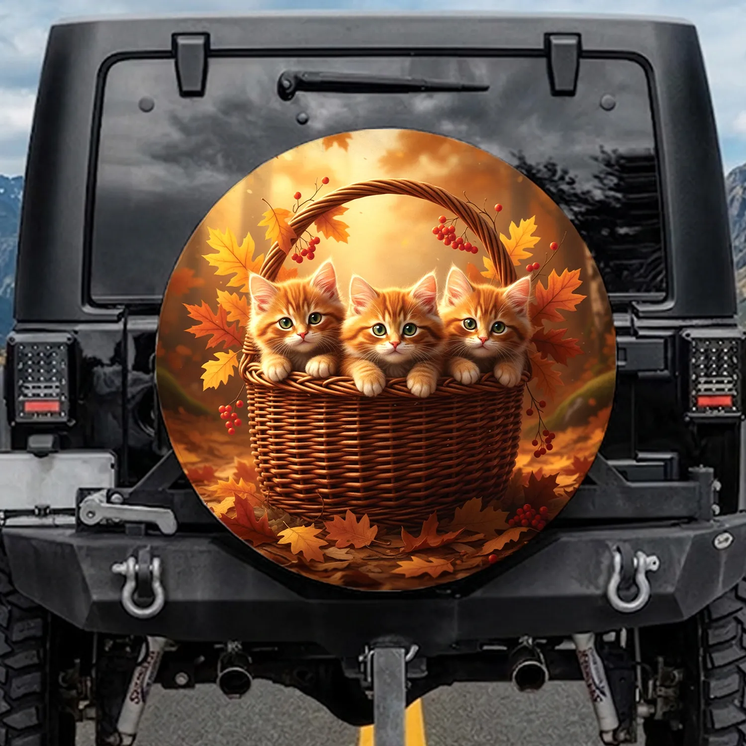 Three Fluffy Orange Tabby Kittens Wicker Basket Autumn Leaves - Autumn Season Cat Lover Gift Spare Tire Cover - 1