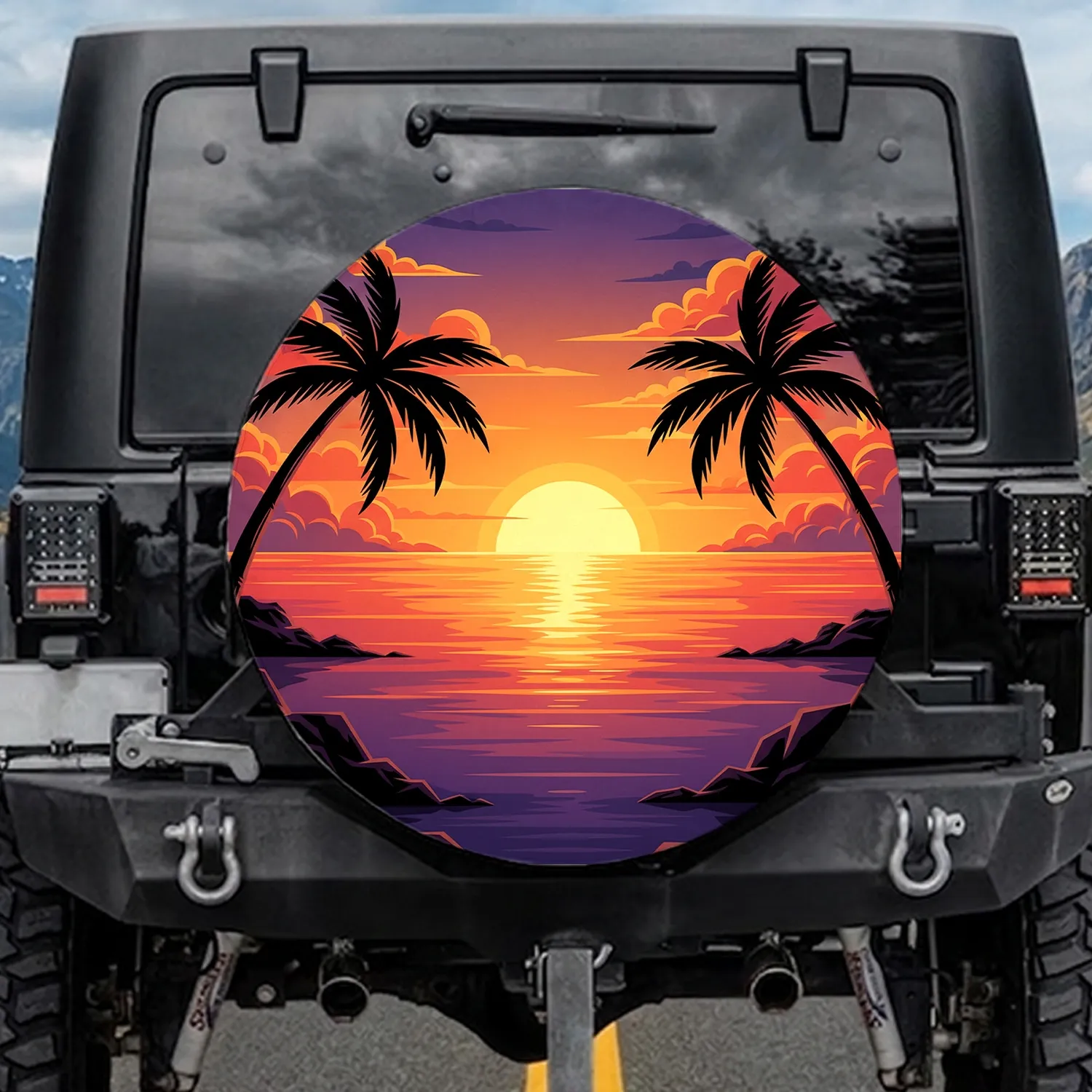 Tropical Sunset Ocean Palm Trees Rocky Shoreline Reflections - Adventure Lover Gift Spare Tire Cover - 1