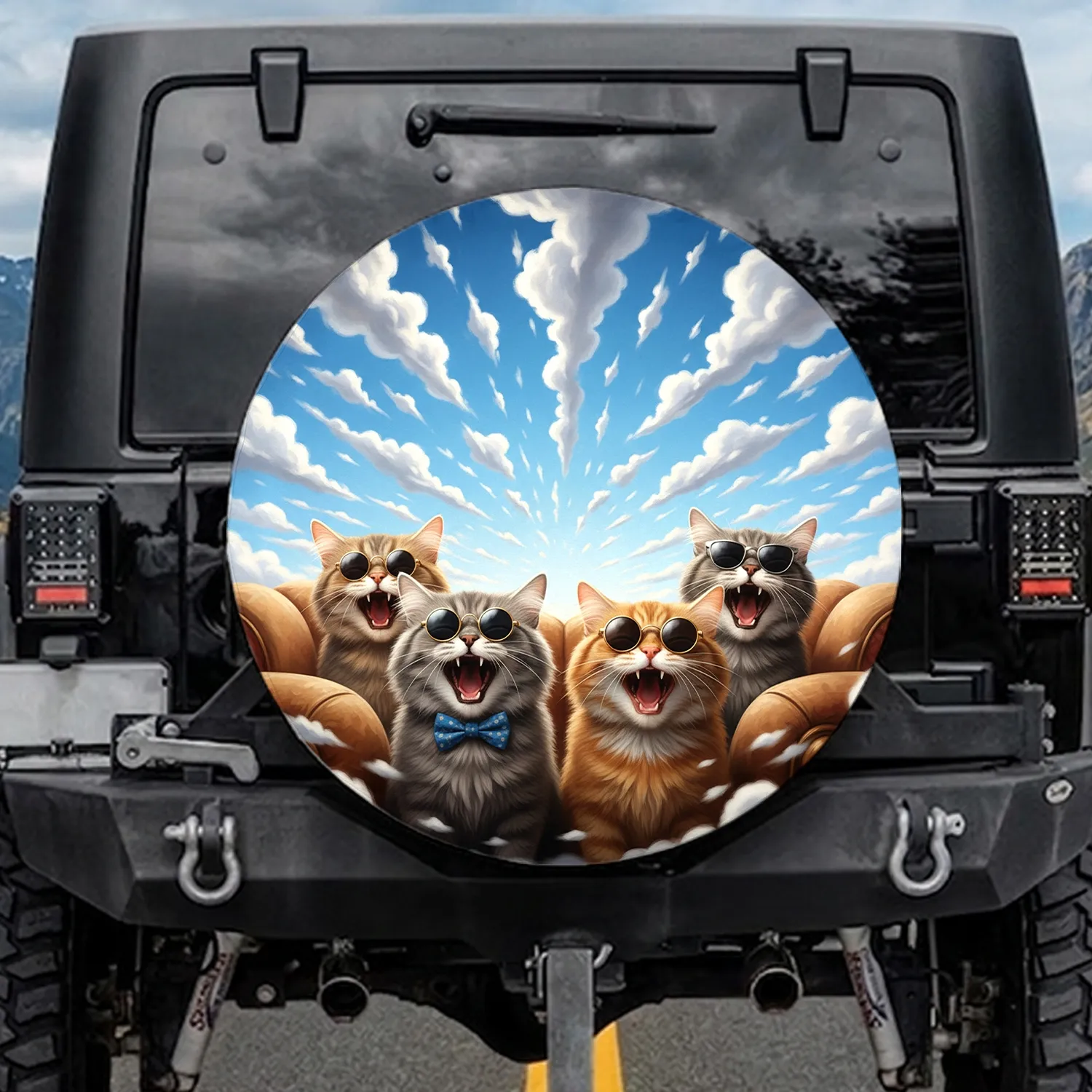 Cats Open Mouths Sunglasses Blue Sky - Car Decor Gift for Cat Lover Spare Tire Cover - 1