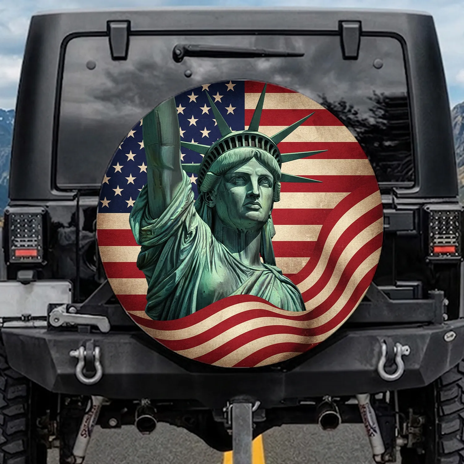 Statue of Liberty American Flag Weathered - Distressed Patriotic Heritage Gift Spare Tire Cover - 1