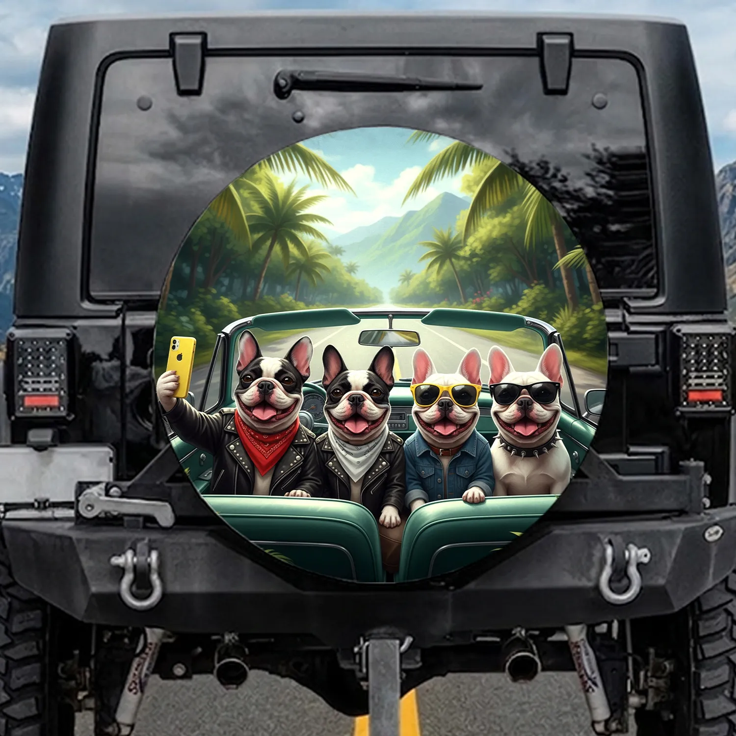 French Bulldogs Road Trip Vintage Car Tropical Adventure - Dog Lover Travel Essentials Spare Tire Cover - 1