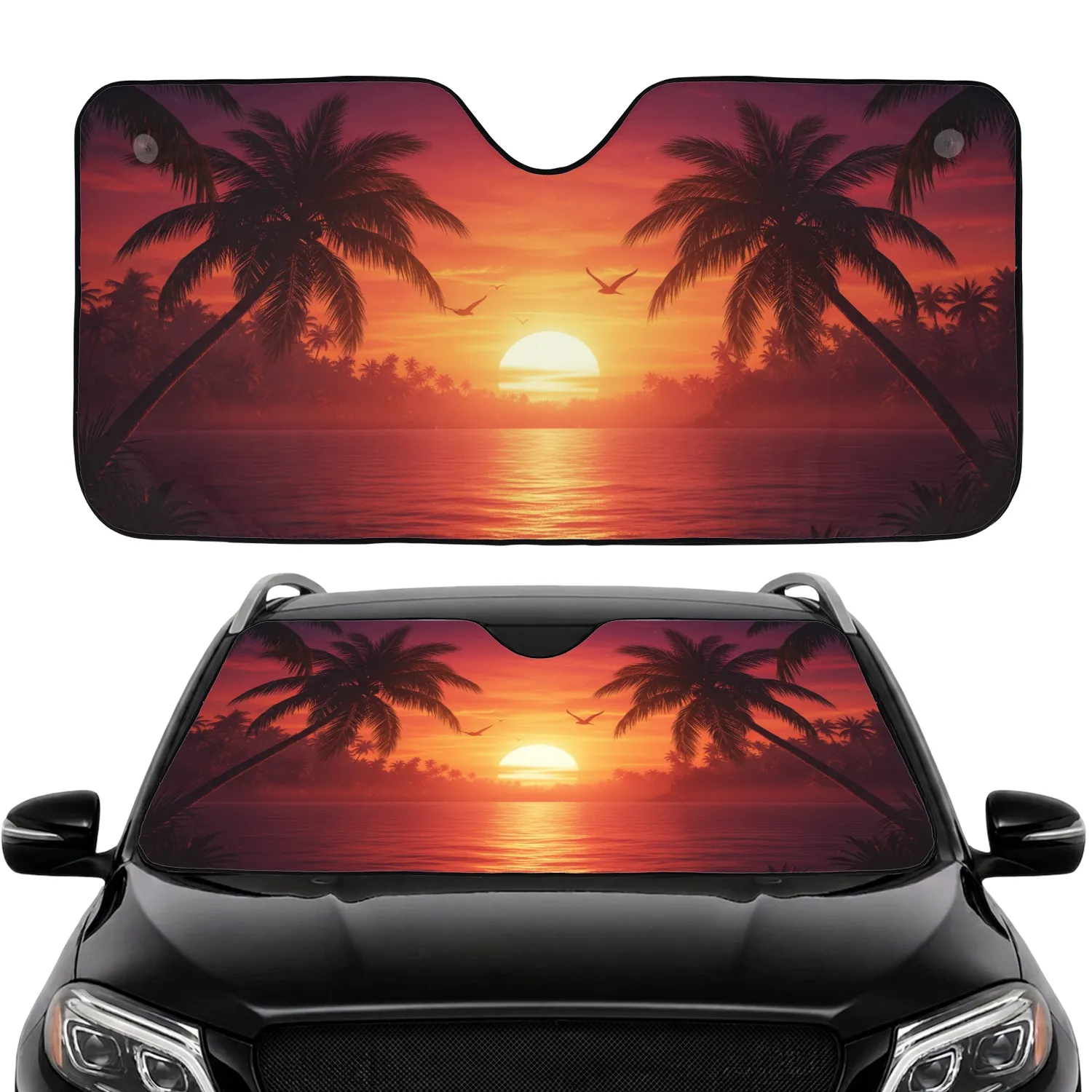 Tropical Sunset Palm Trees Ocean Scene - Summer Travel Essentials Car Sunshade - 1
