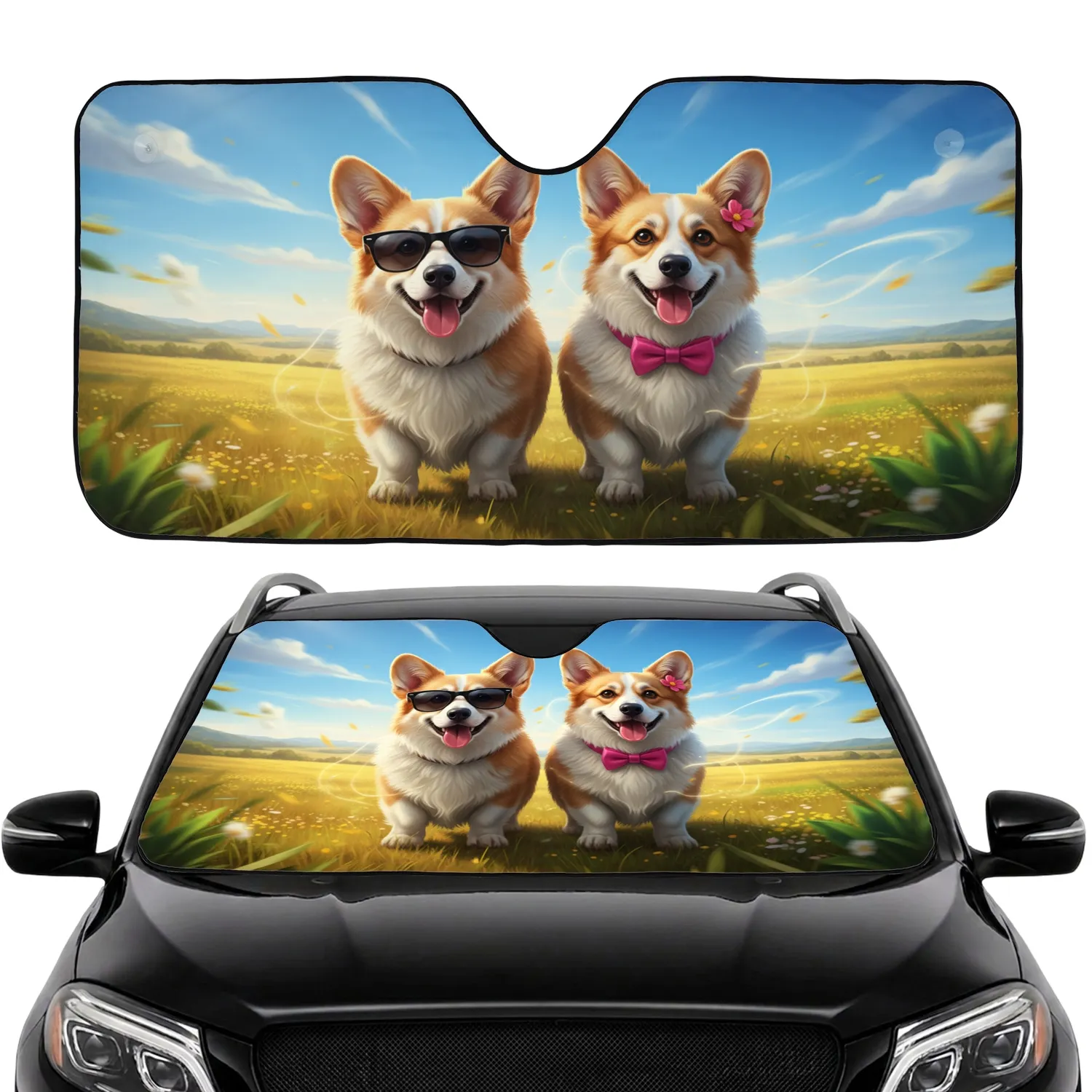 Fluffy Corgi Dogs Sunglasses Pink Bow Tie - Sunny Day Drive Dog Lover Gift Car Sunshade - 1