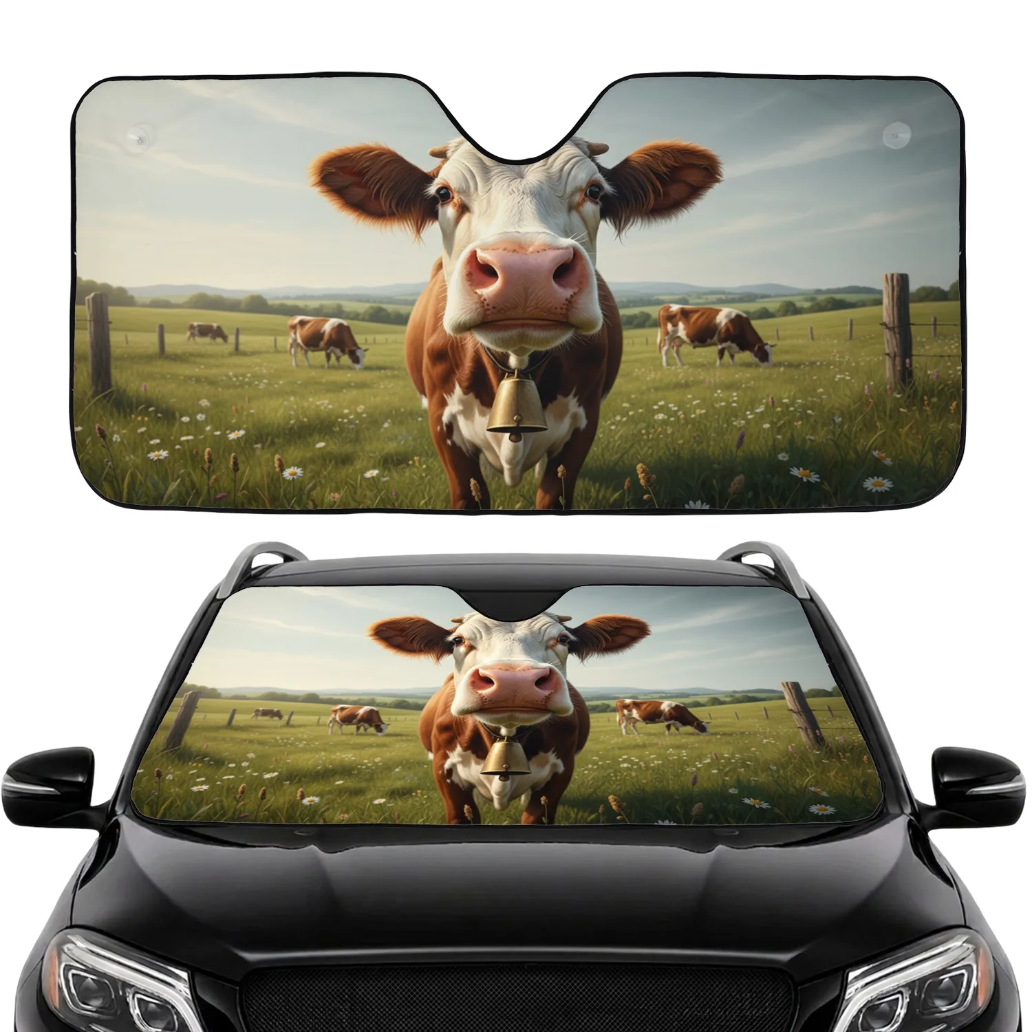 Curious Cow Wildflower Meadow - Farmhouse Home Decor Gift for Cow Lover Car Sunshade - 1