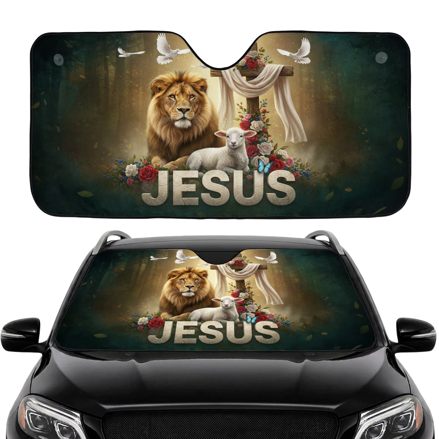 Jesus Lion Lamb Cross Doves Roses Butterfly - Spiritual Faith Car Accessory Car Sunshade - 1