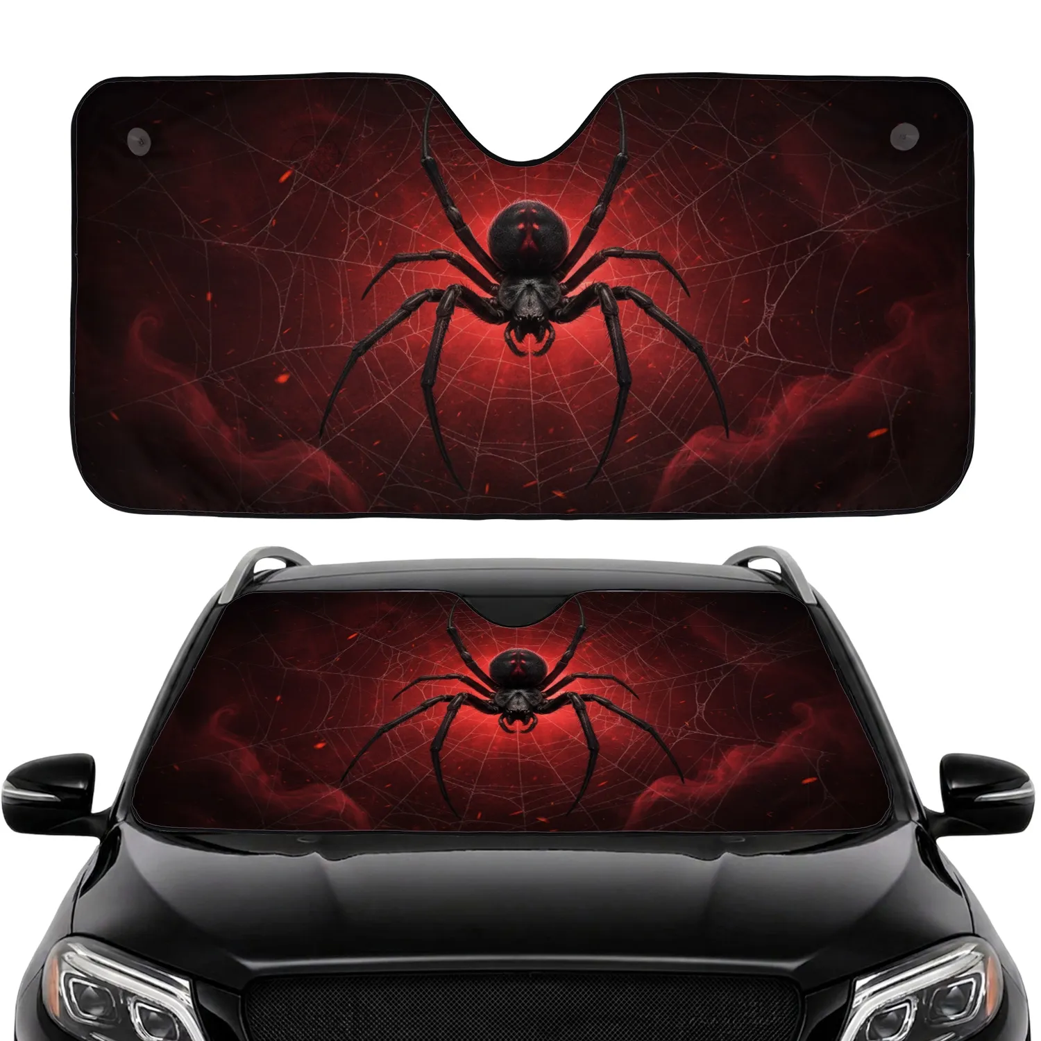 Menacing Black Spider Red Hourglass Mark Intricate Web - Dark Realm Horror Fan Gift Car Sunshade - 1