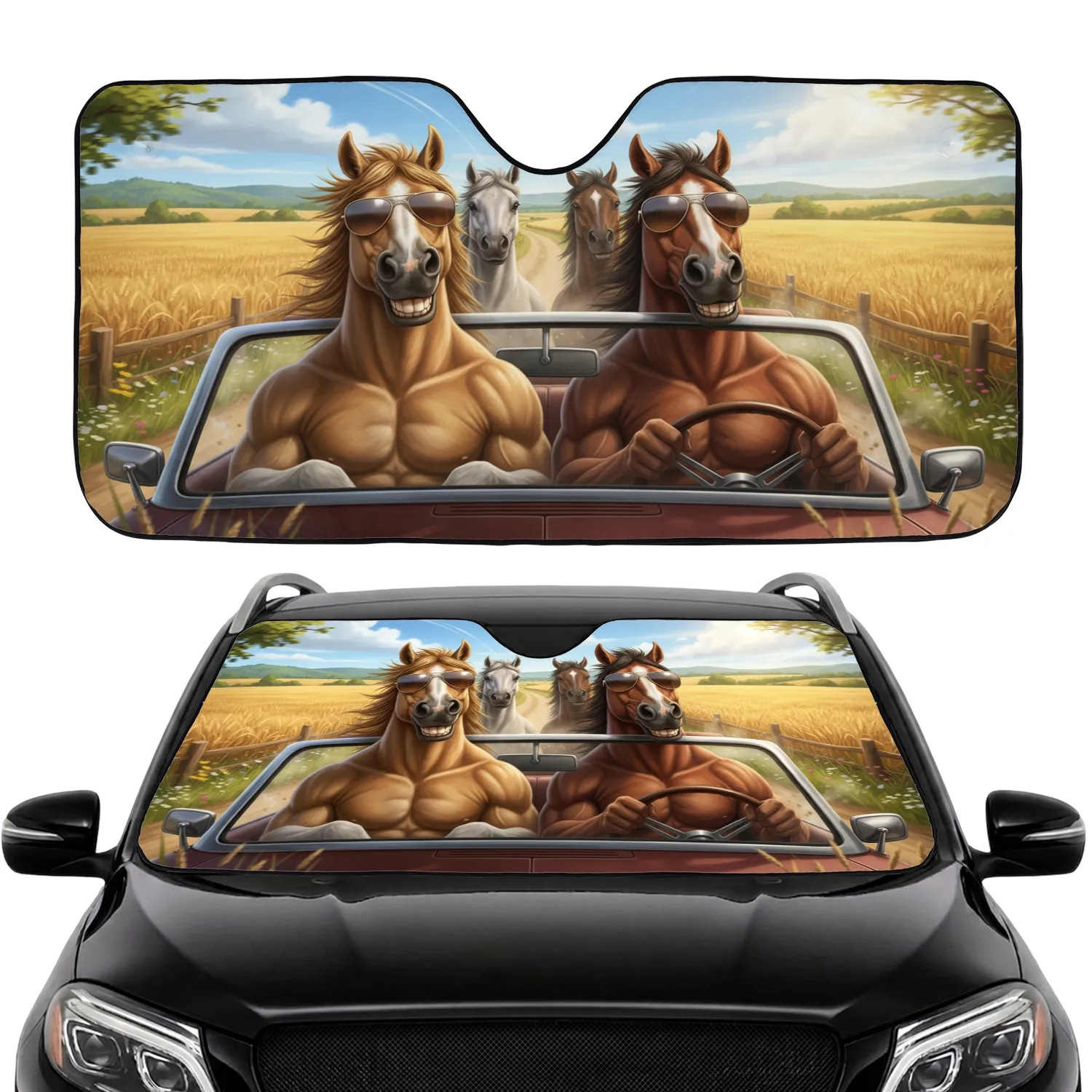 Funny Horses Driving Sunglasses Countryside - Road Trip Travel Essentials Gift Car Sunshade - 1