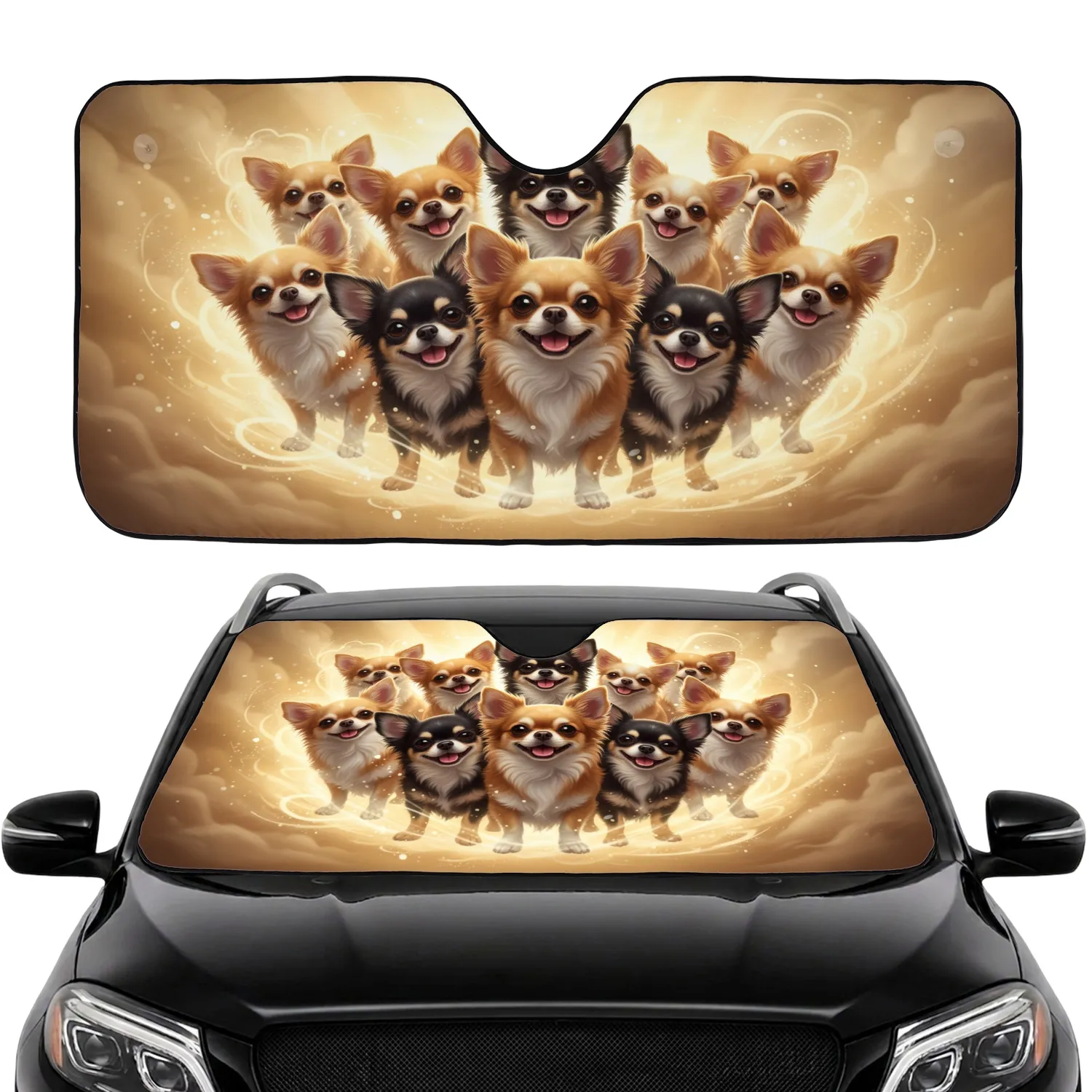 Natural Fur Fluffy Chihuahuas Smiling Dogs - Pet Owner Auto Decor Gift Car Sunshade - 1