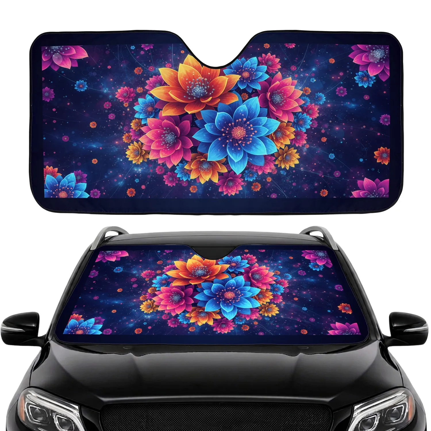 Luminous Neon Flowers Sparkling Stardust Cosmic Field - Distinctive Everyday Style Car Sunshade - 1