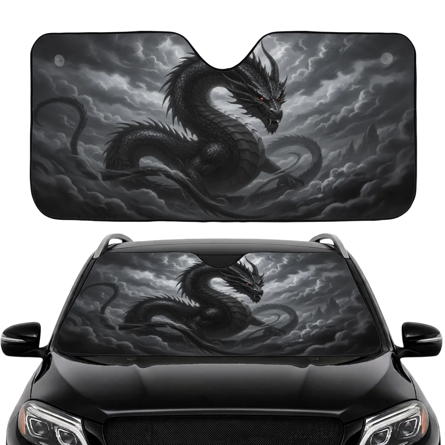 Black Dragon Bared Fangs Glowing Eyes Storm Clouds Turbulent Mist - Fantasy Home Decor Car Sunshade - 1