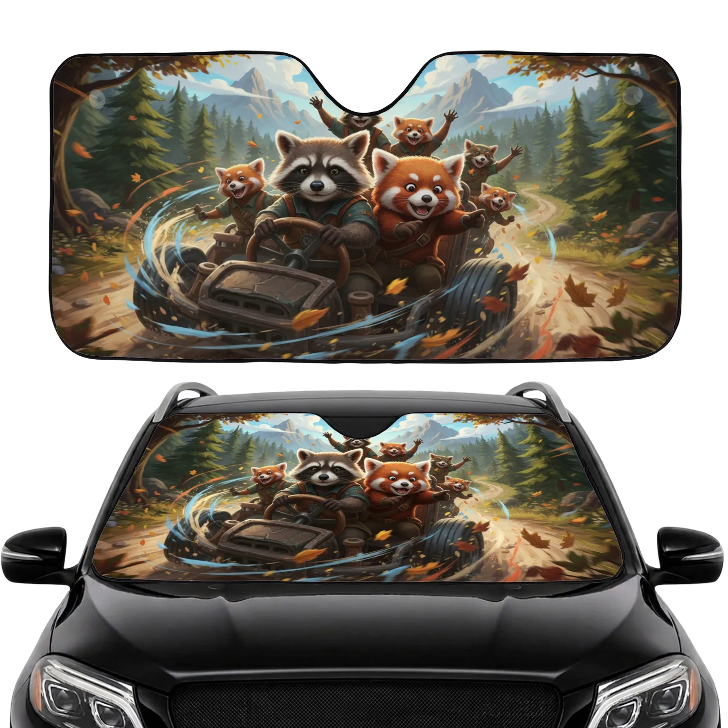 Adventurous Raccoons Red Panda Forest Road - Adventure Lover Gift Car Sunshade - 1