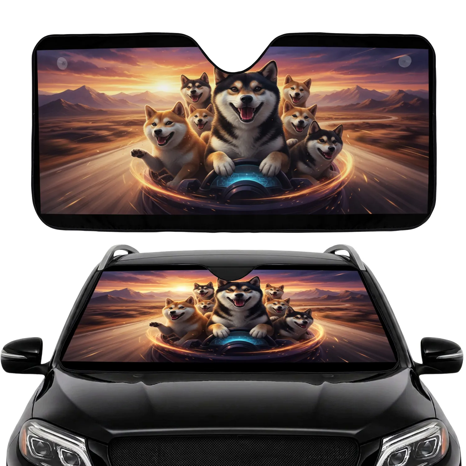 Shiba Inu Dogs Mountain Road Adventure Sunset - Dog Lover Travel Gift Car Sunshade - 1