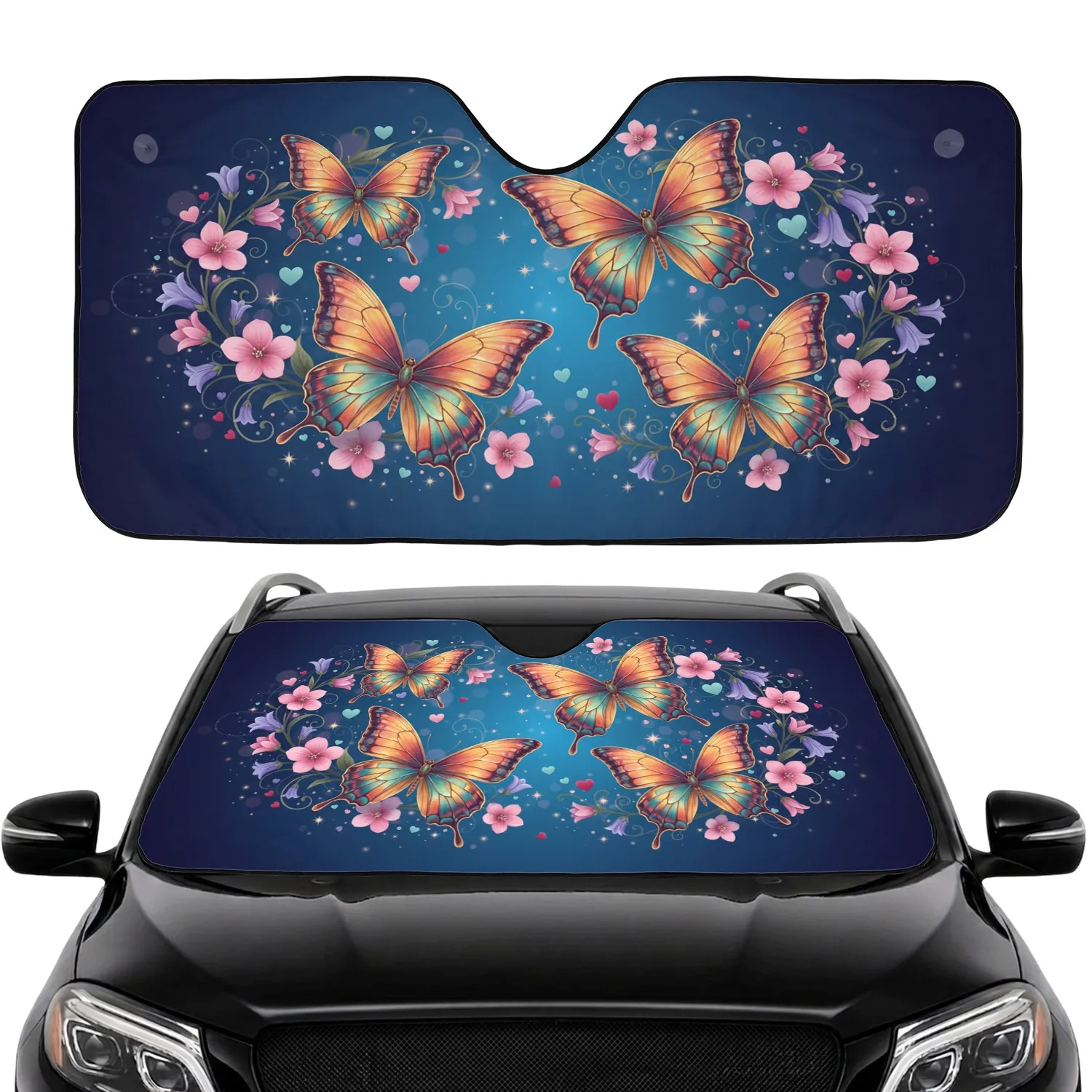 Iridescent Butterflies Bell Flowers Pastel Hearts Twinkling Stars - Home Decor Gift Car Sunshade - 1
