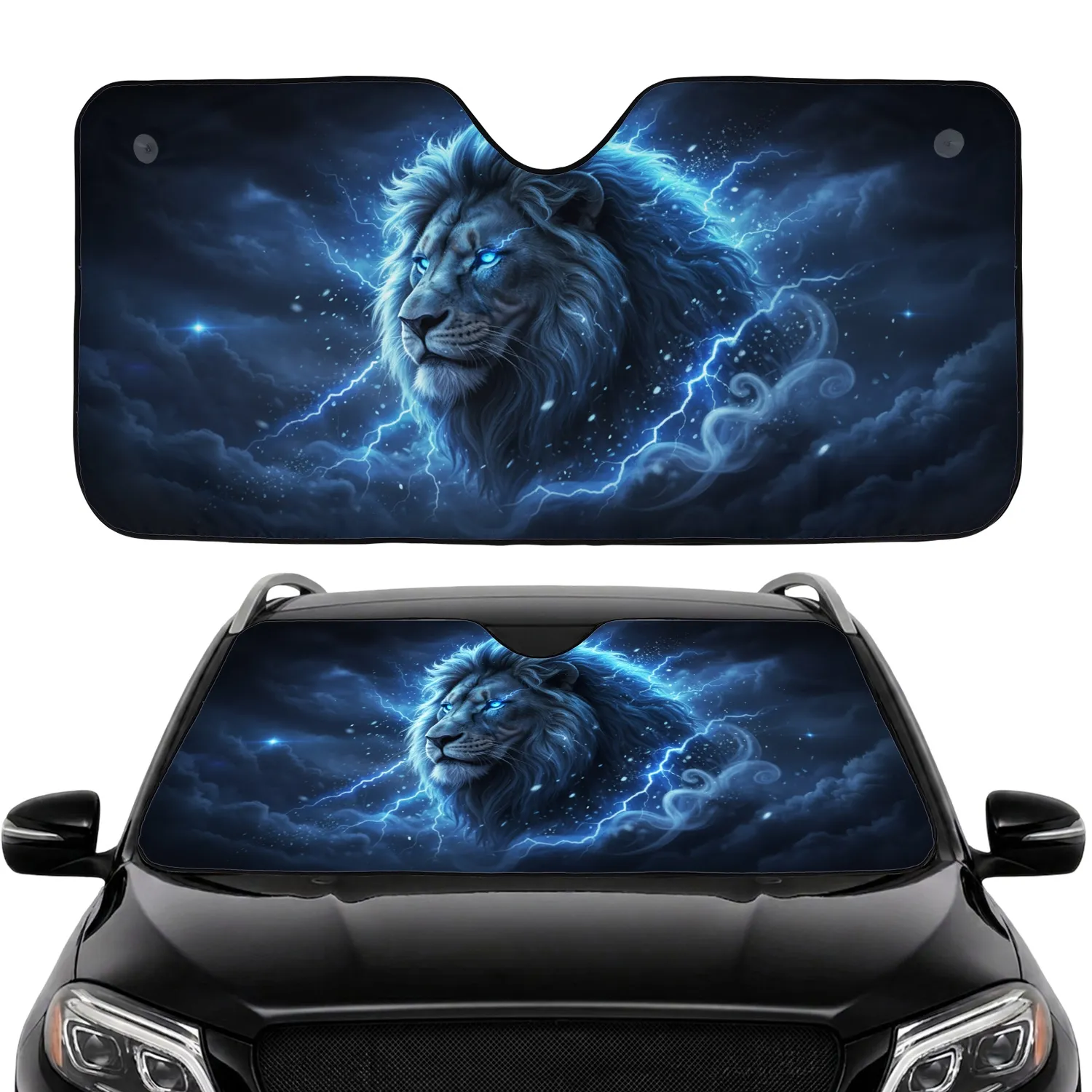 Lion Head Glowing Electric Blue Eyes Lightning Stormy Sky - Wildlife Lover Gift Car Sunshade - 1