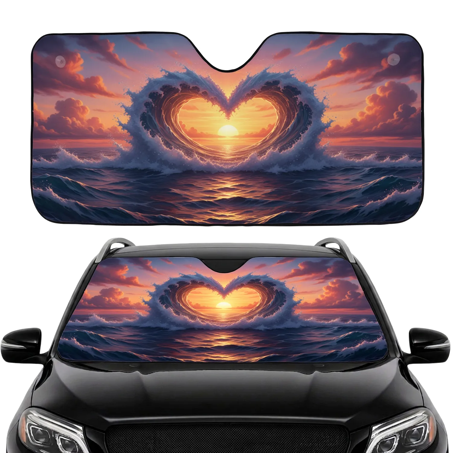 Colossal Heart Ocean Wave Golden Sunset - Ocean Lover Car Gift Car Sunshade - 1