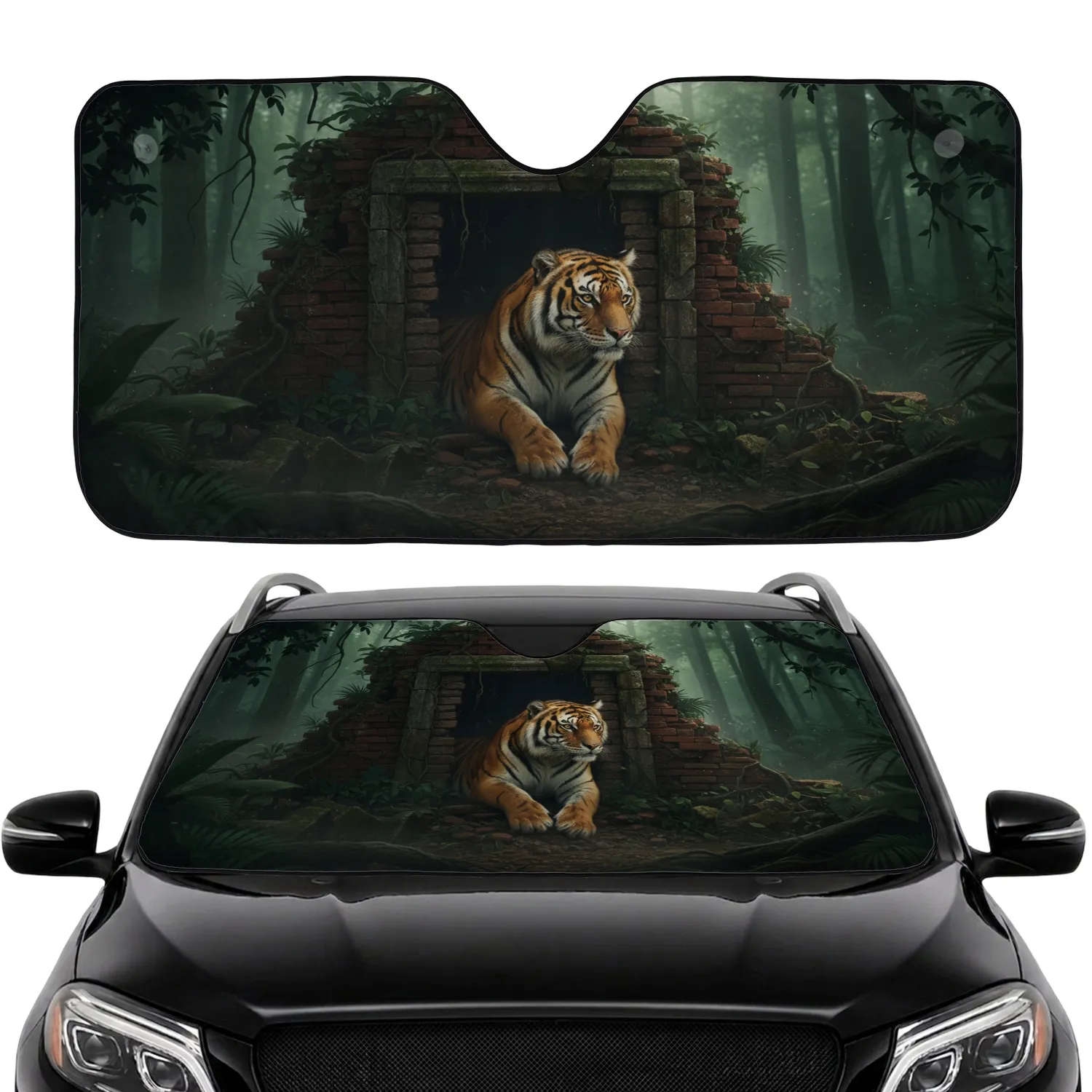 Piercing Amber-Eyed Bengal Tiger Ancient Jungle Ruin - Wildlife Lover Gift Car Sunshade - 1