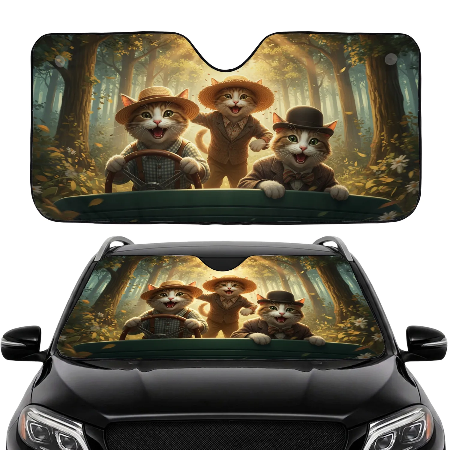 Dapper Cats Driving Forest Adventure Travel Essentials Cat Lover Gift Car Sunshade - 1