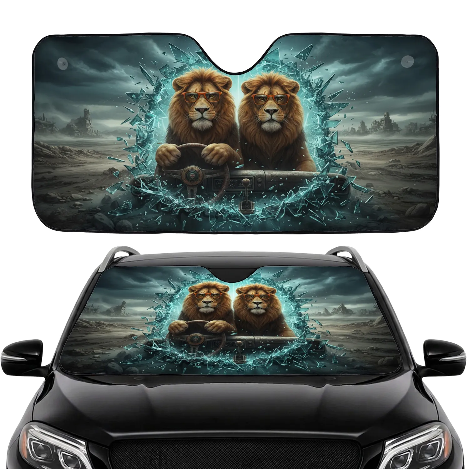 Two Majestic Lions Orange Sunglasses Shattered Glass Car Interior - Wildlife Lover Gift Car Sunshade - 1