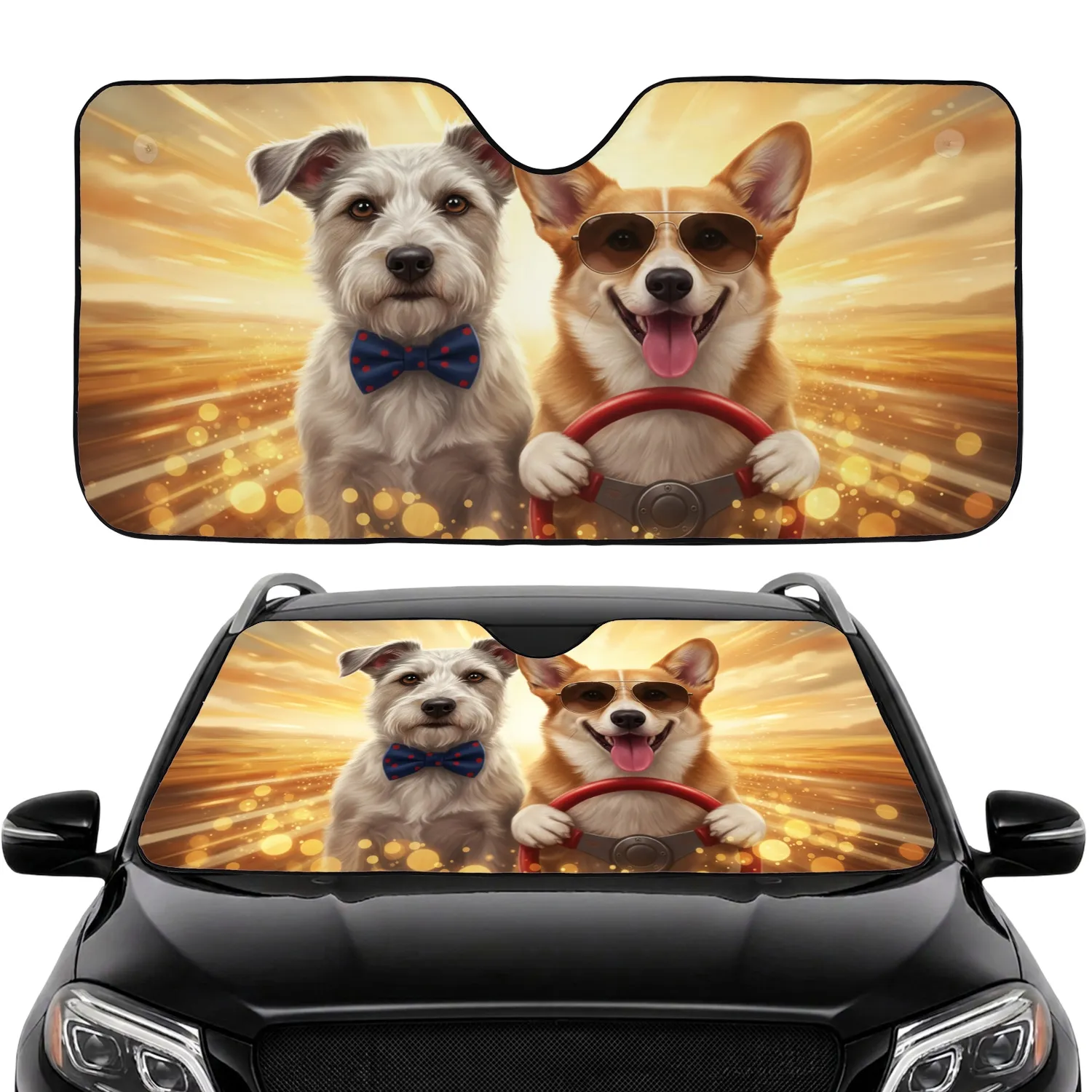 Scruffy Terrier Corgi Dogs Red Steering Wheel - Joyful Road Trip Adventure Dog Lover Gift Car Sunshade - 1