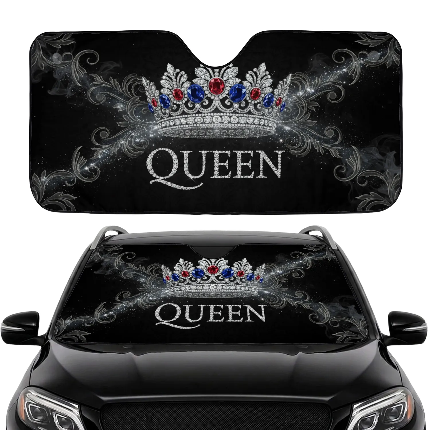 Jewel-Encrusted Crown Queen Diamond Silver Filigree Smoke Tendrils - Royal Lifestyle Gift Car Sunshade - 1
