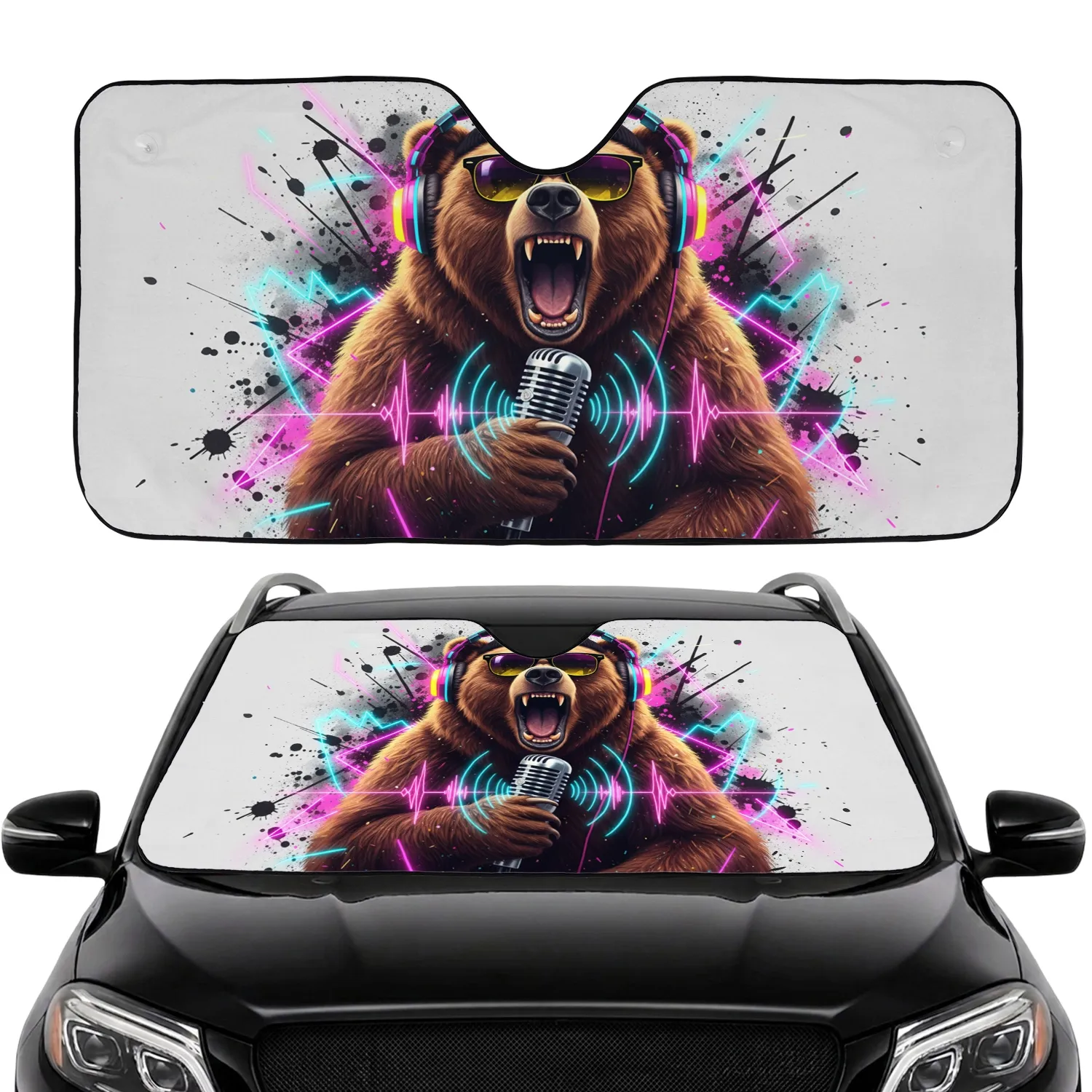 Roaring Brown Bear Neon Sunglasses Headphones Microphone - Music Lover Gift Car Sunshade - 1