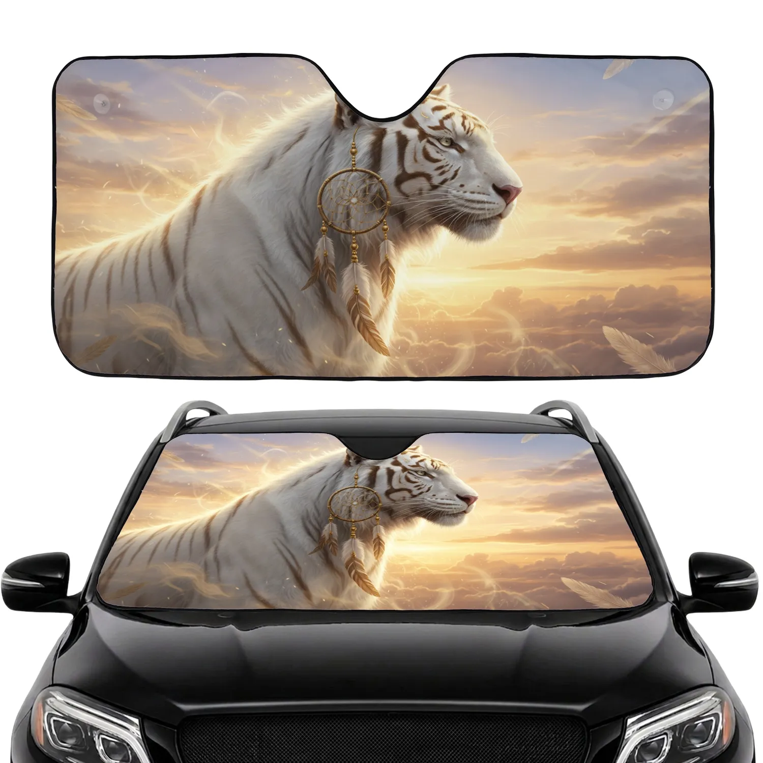 Majestic White Tiger Dreamcatcher Golden Tribal - Mystic Wildlife Lover Car Decor Car Sunshade - 1