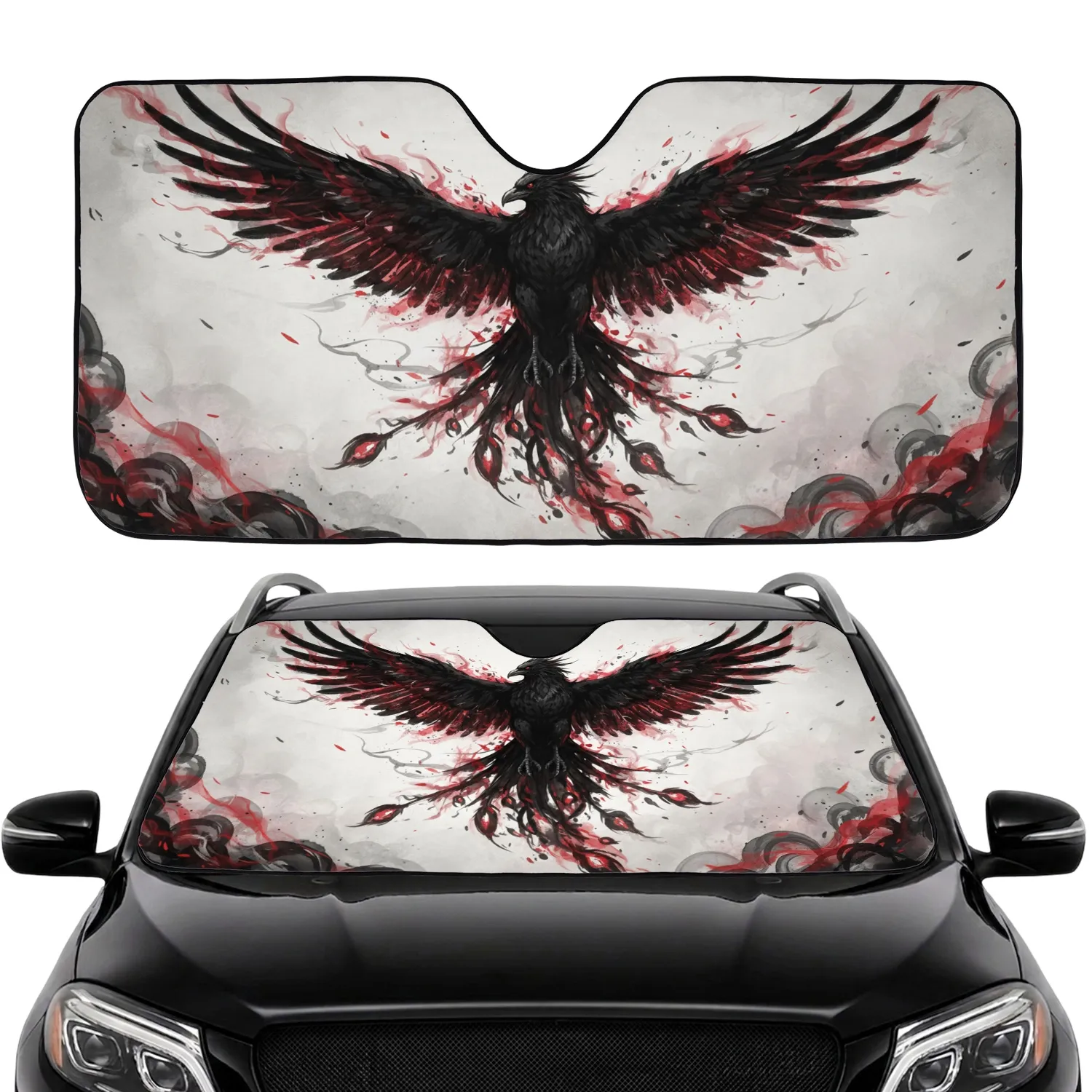 Majestic Black Mythical Bird Broad Wings Crimson Scarlet Aura - Bird Lover Gift Car Sunshade - 1