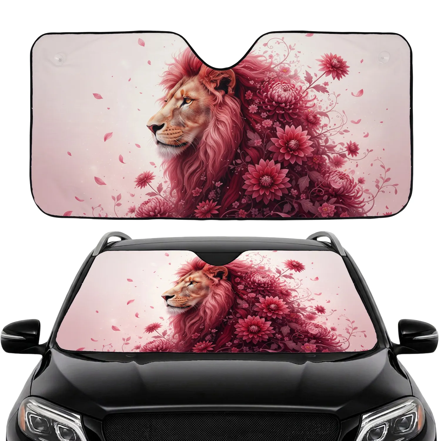 Majestic Lion Head Crimson Pink Floral - Home Decor Gift for Animal Lover Car Sunshade - 1