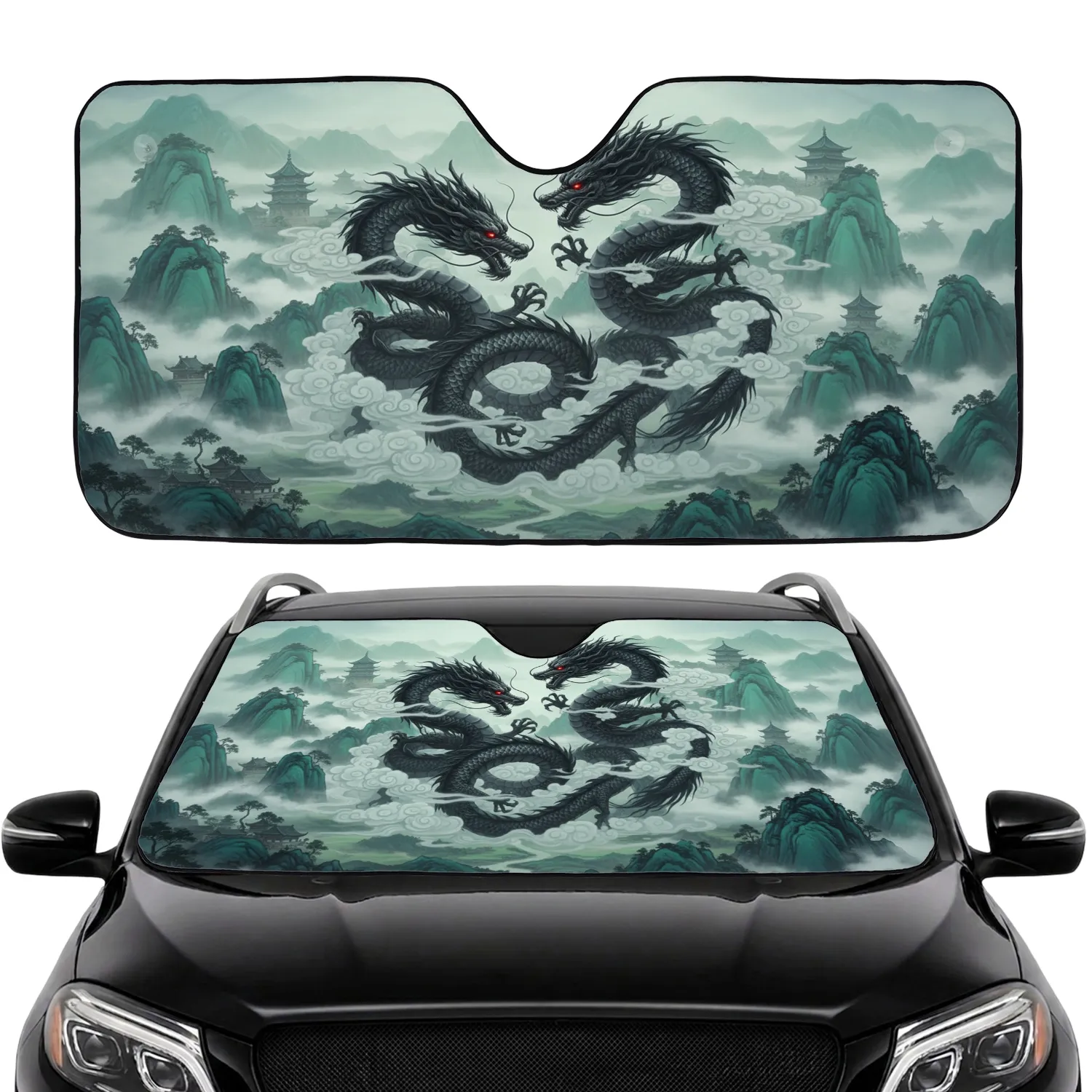 Black Chinese Dragons Mountain Pagoda - Fantasy Mythology Enthusiast Car Decor Car Sunshade - 1
