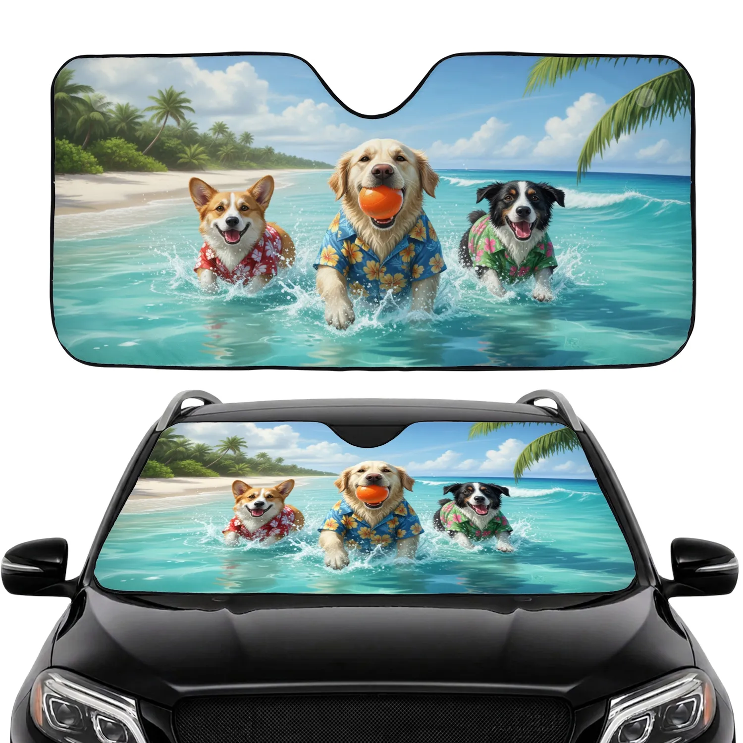 Joyful Dogs Hawaiian Shirts Tropical Beach - Dog Lover Gift Car Sunshade - 1