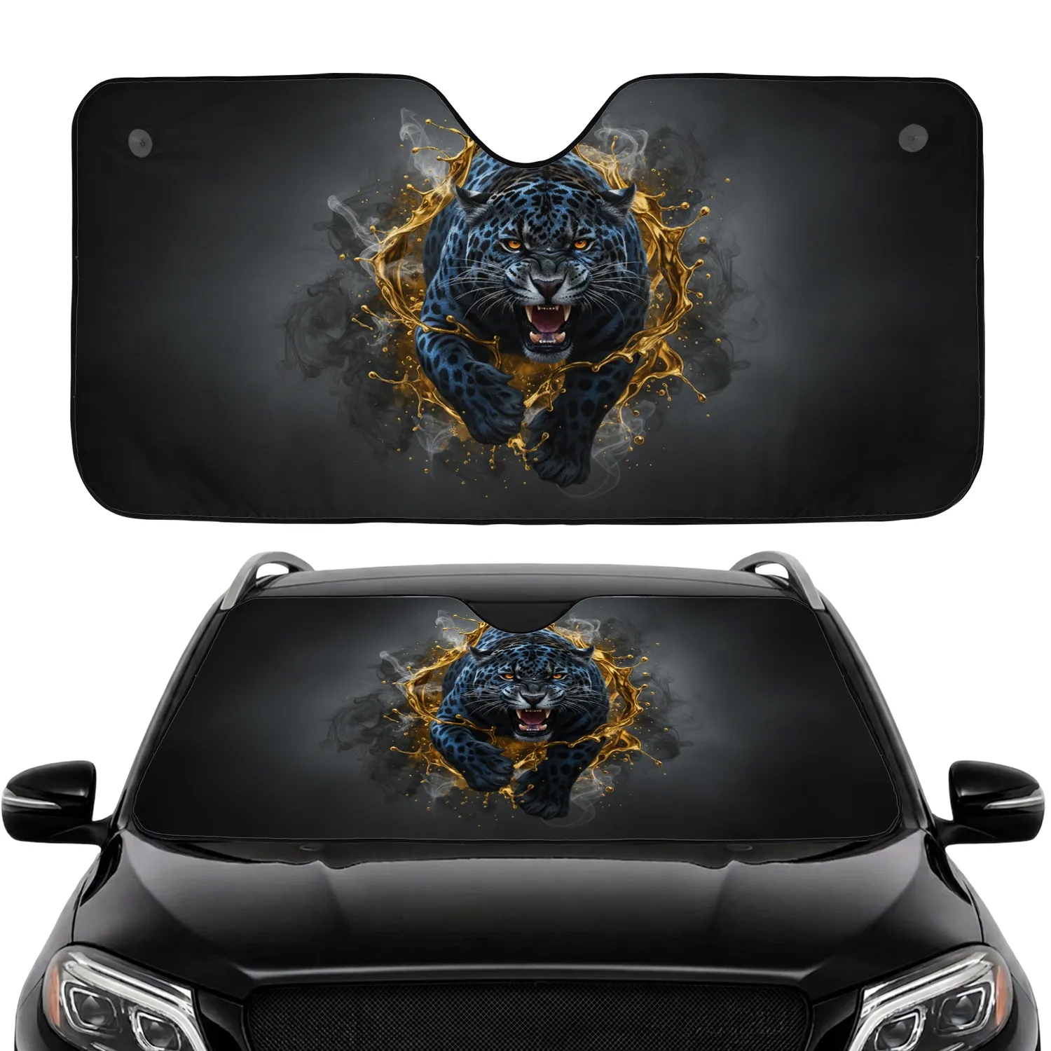 Blue Spotted Black Jaguar Roaring Fangs Gold Liquid - Car Decor Gift for Wildlife Lovers Car Sunshade - 1