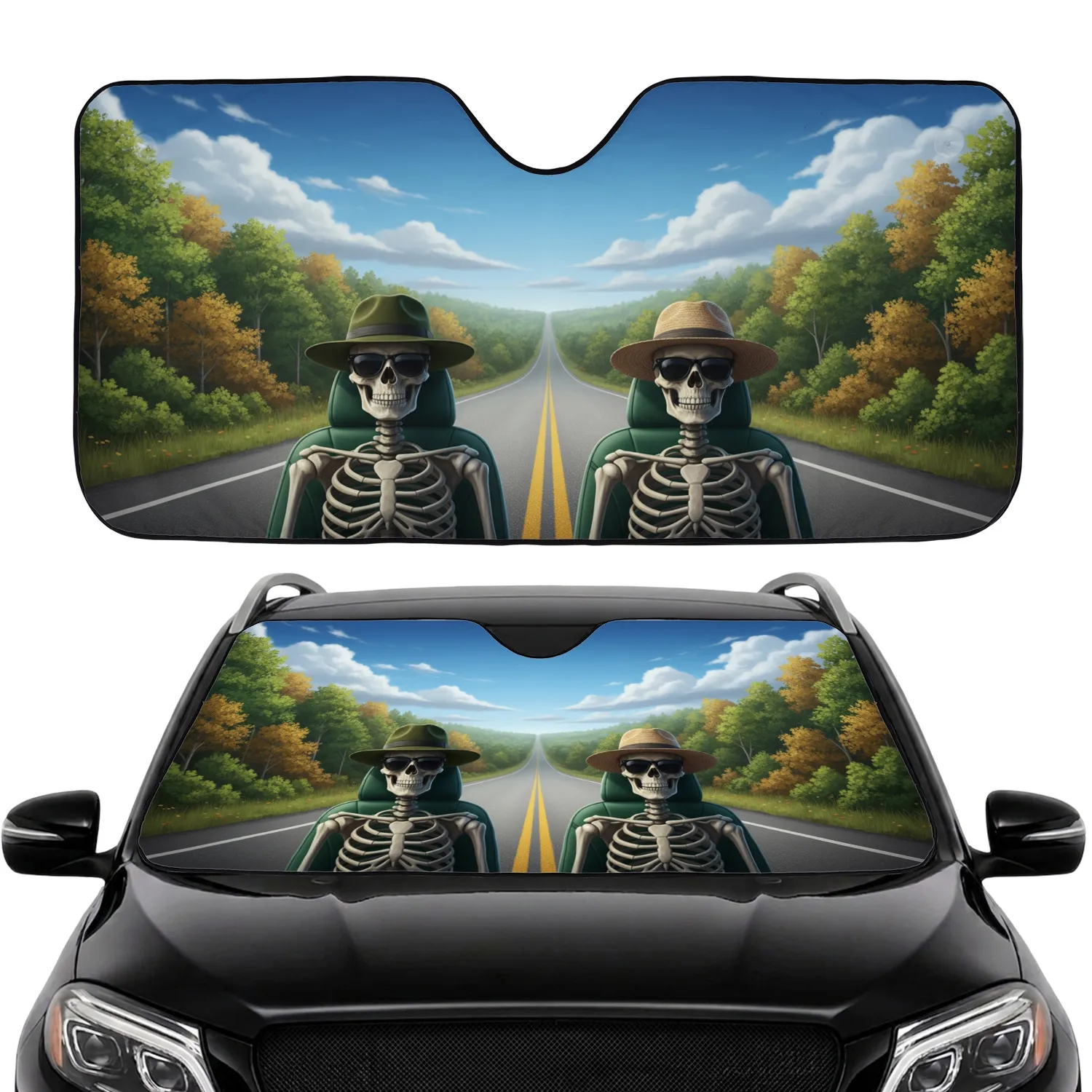 Skeletal Figures Fedora Sunglasses Open Road Highway Journey - Travel Essentials Car Sunshade - 1
