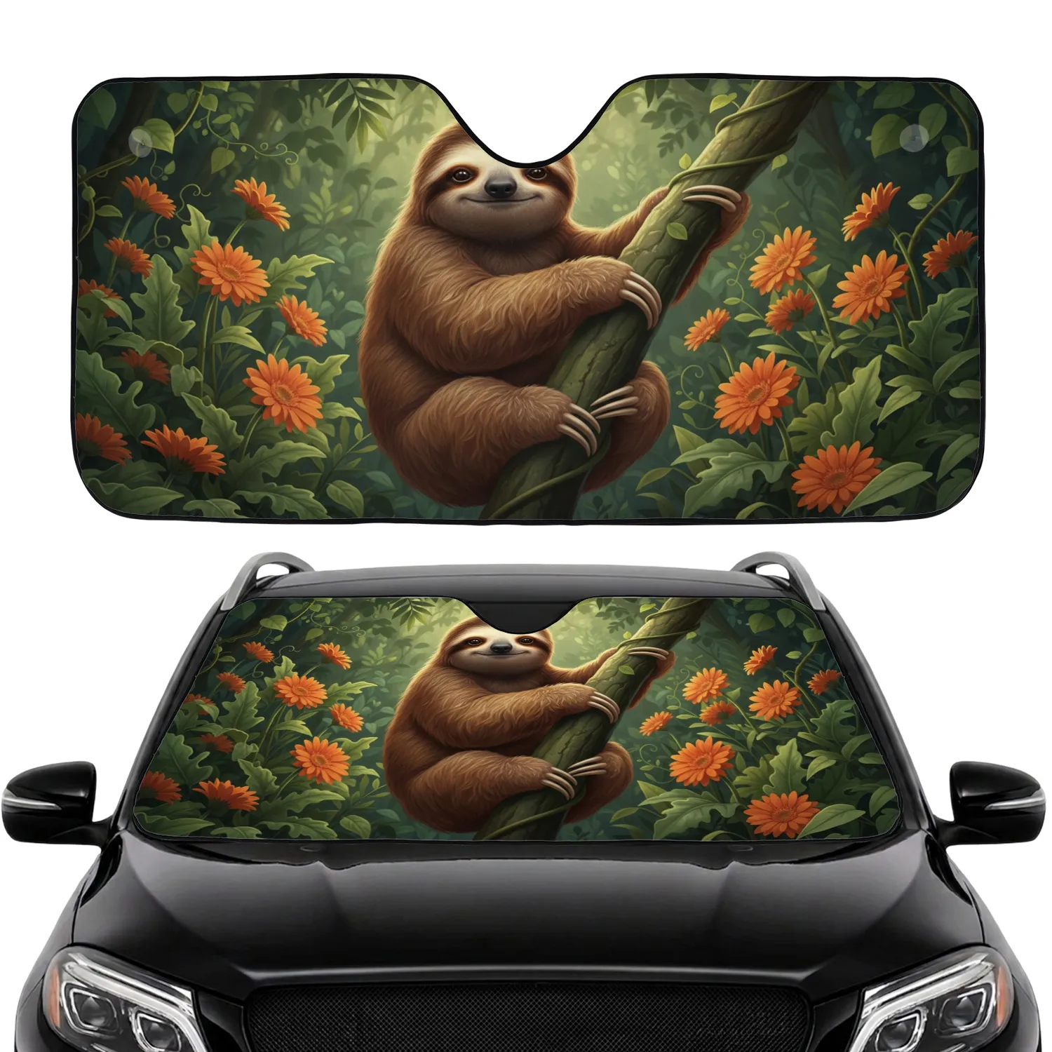 Realistic Fluffy Sloth Gerbera Daisies Lush Tropical Forest Canopy - Wildlife Lover Gift Car Sunshade - 1