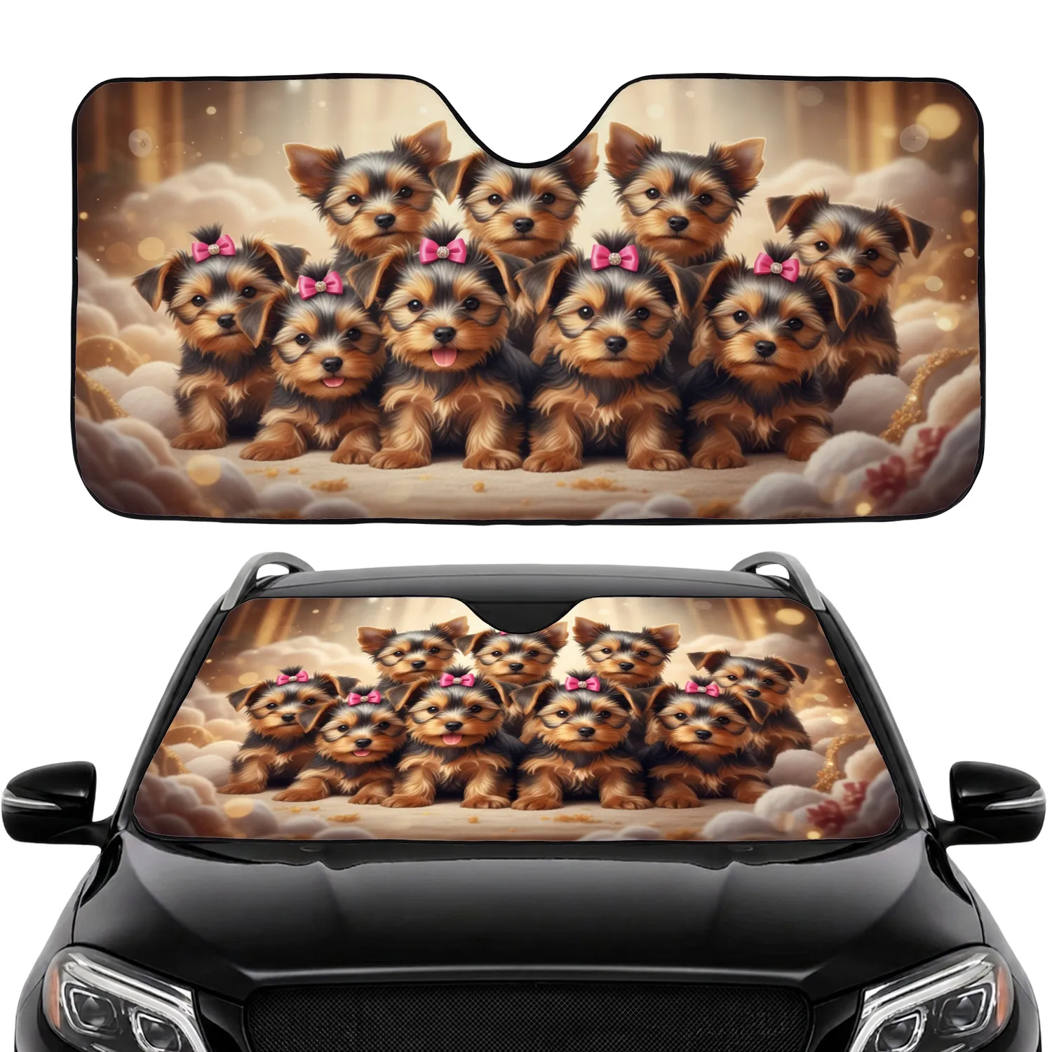 Yorkshire Terrier Puppies Pink Bows - Dog Lover Pet Owner Gift Car Sunshade - 1