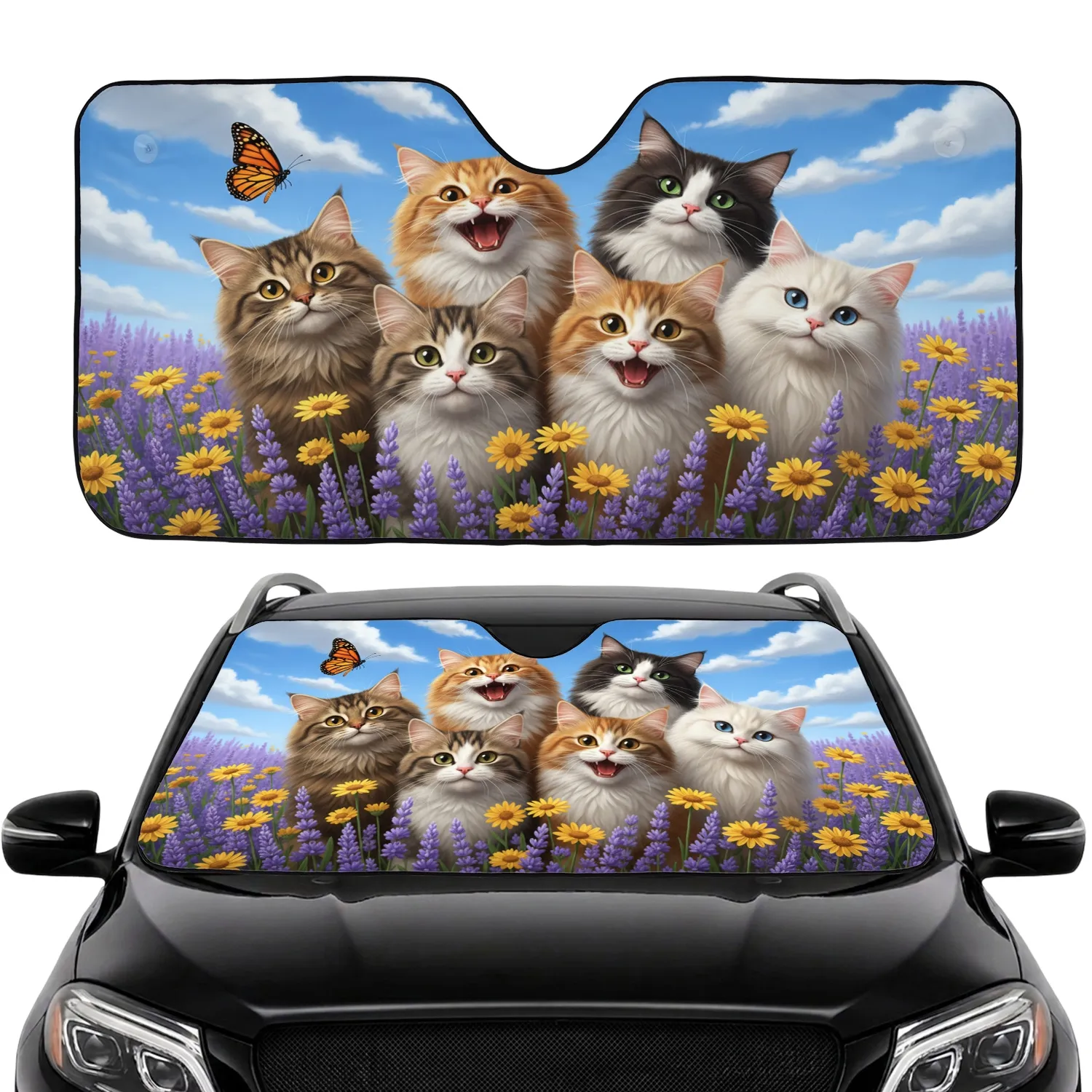 Expressive Cats Monarch Butterfly Lavender Wildflowers - Cat Lover Gift Car Sunshade - 1