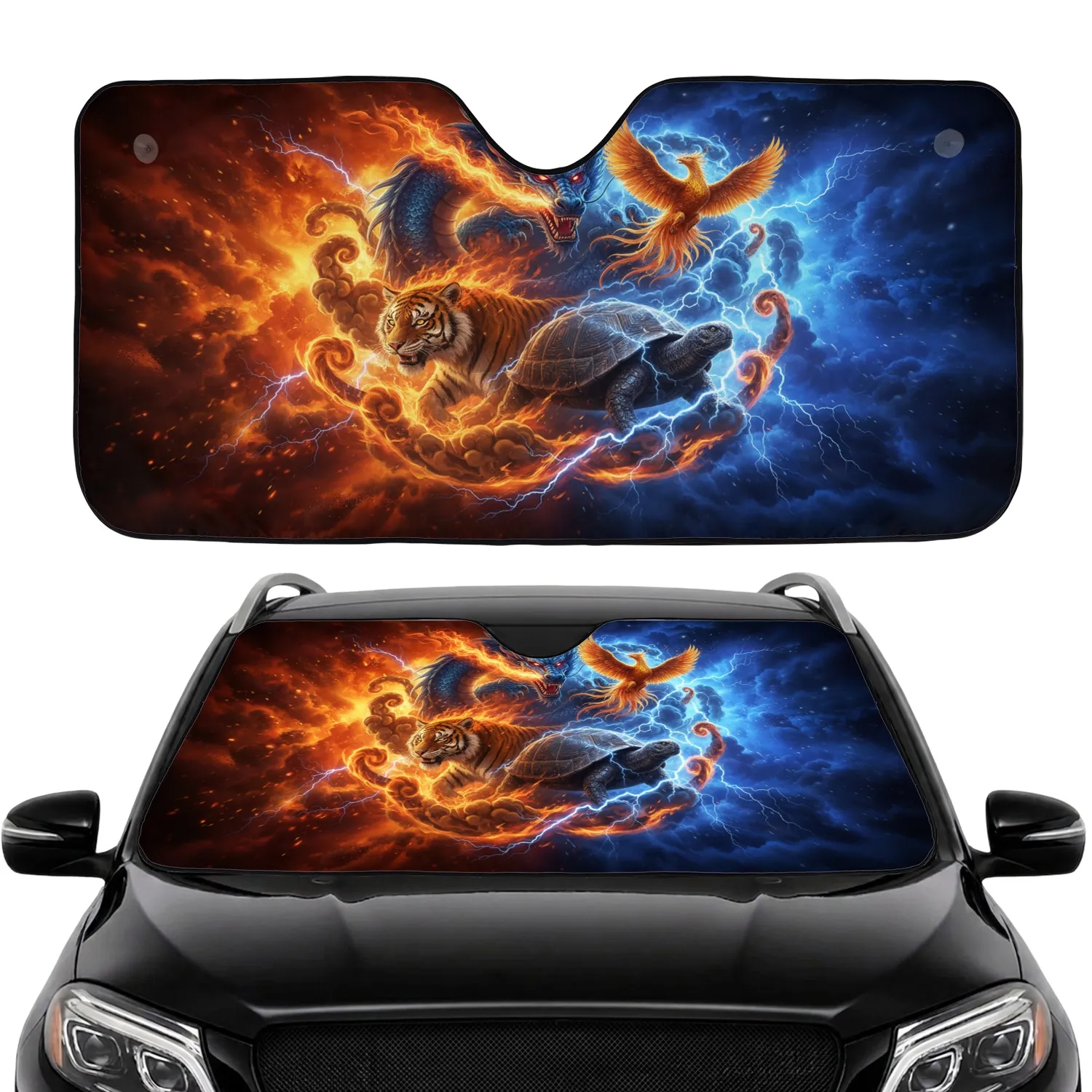 Cosmic Dragon Tiger Phoenix Tortoise - Fantasy Lover Gift Car Sunshade - 1