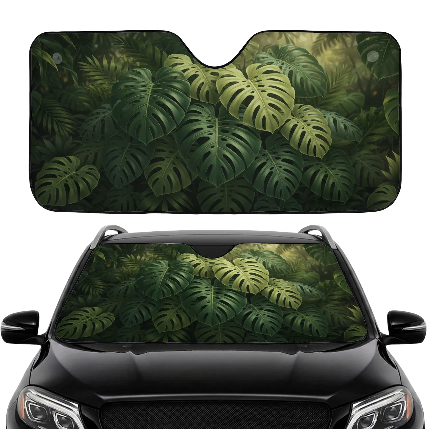 Verdant Monstera Deliciosa Leaves Tropical Foliage - Home Decor Gift for Plant Lovers Car Sunshade - 1