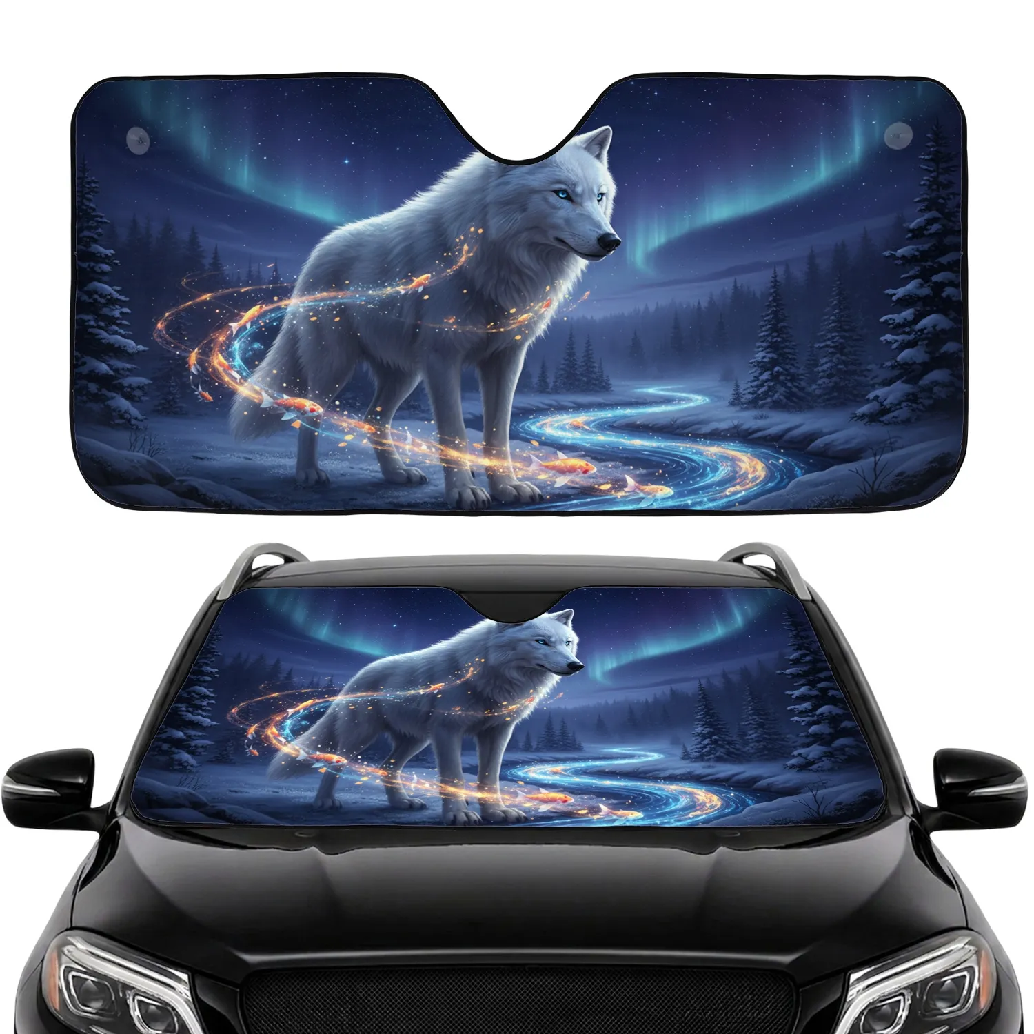 White Arctic Wolf Koi Fish Night Sky - Wildlife Lover Gift Car Sunshade - 1