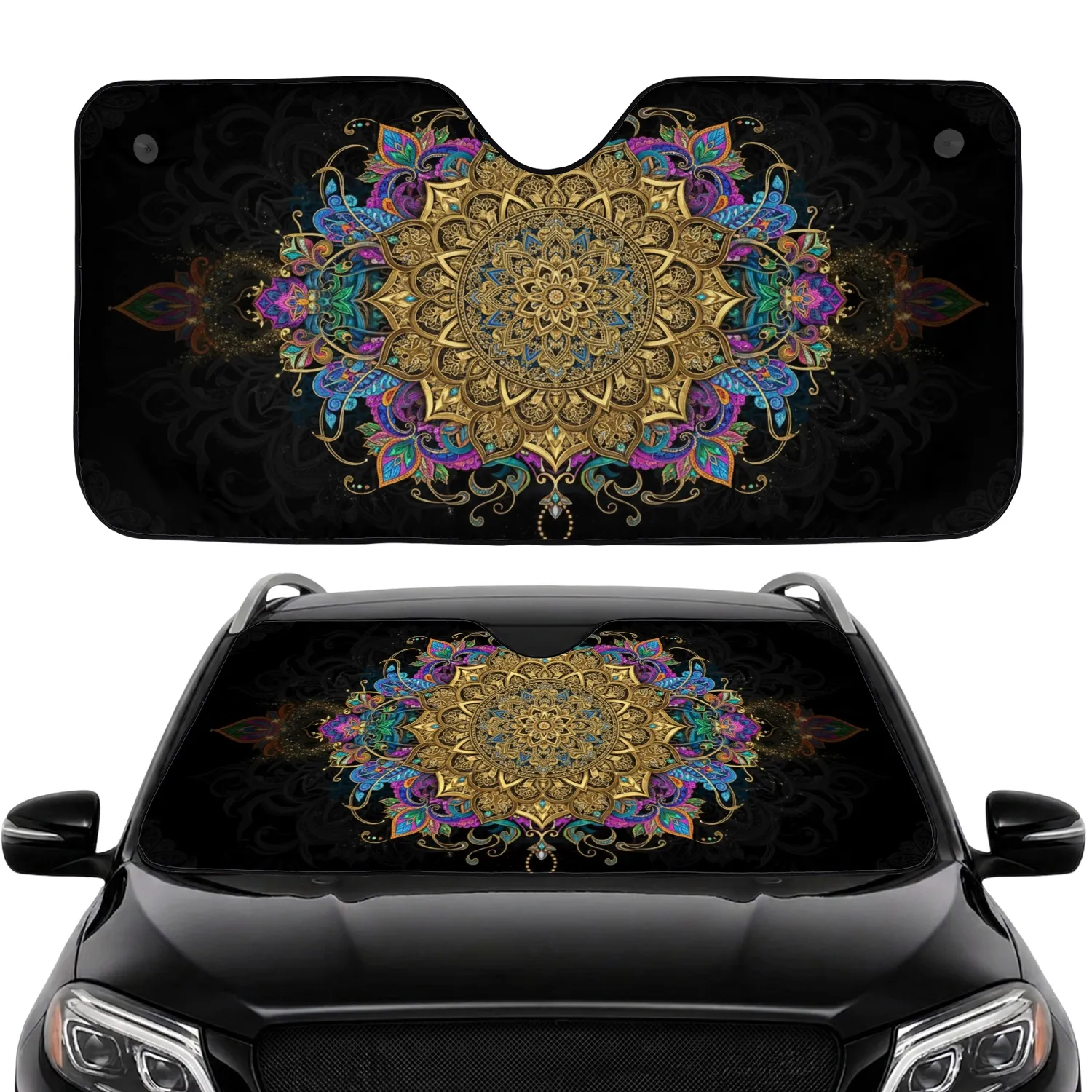Golden Mandala Paisley Floral Swirls - Boho Lifestyle Gift for Yoga Lover Car Sunshade - 1