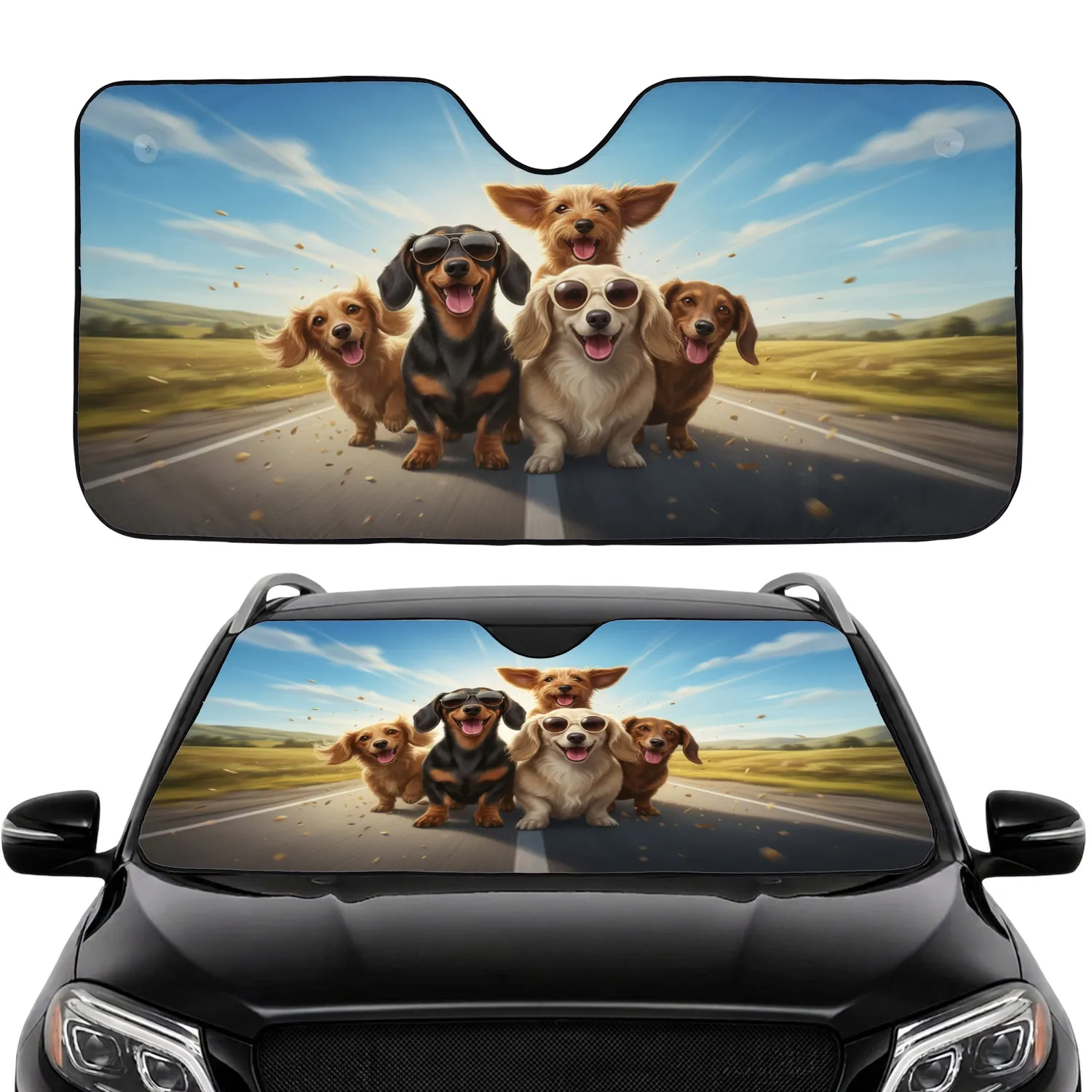 Dachshunds with Sunglasses Road Trip Vista - Dog Lover Travel Gift Car Sunshade - 1