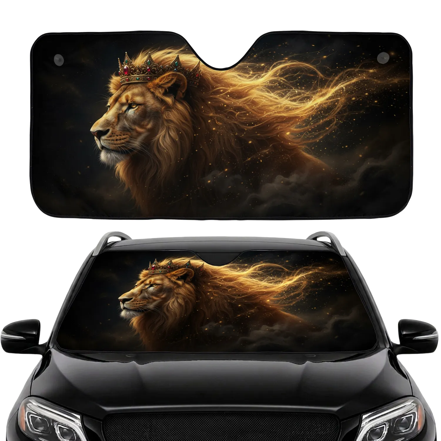 Majestic Ornate Crowned Lion Head with Glowing Mane - Powerful Luxury Car Decor Car Sunshade - 1
