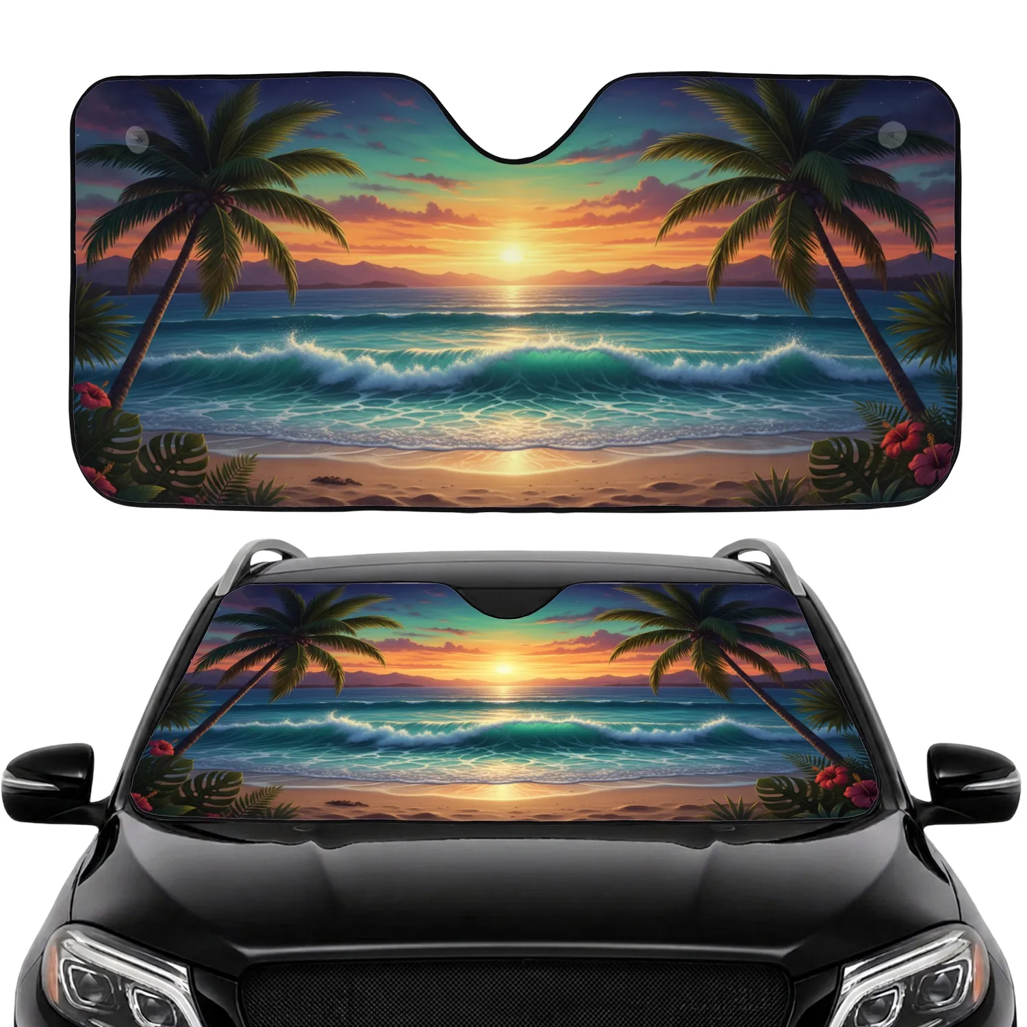Tropical Sunset Ocean Beach Palm Trees - Everyday Car Decor Gift Car Sunshade - 1