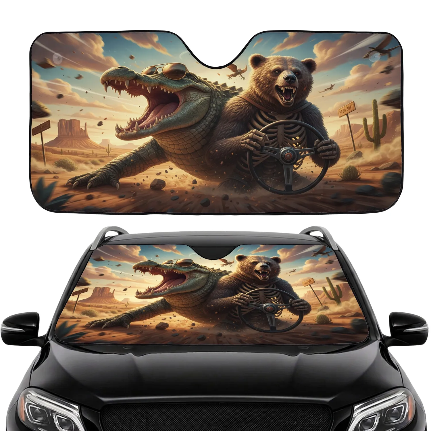 Alligator Skeletal Bear Desert Road Trip - Adventure Seeker Car Enthusiast Gift Car Sunshade - 1