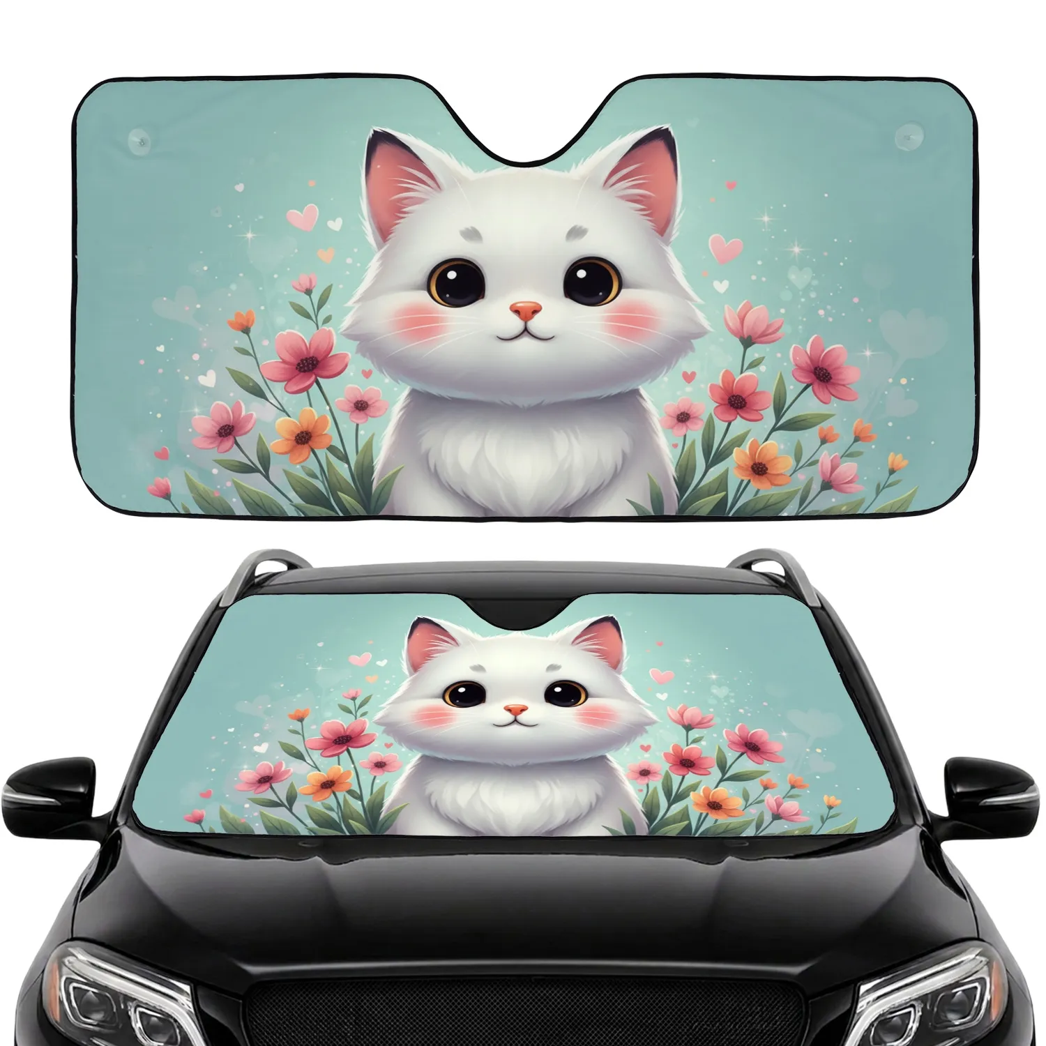 White Cat Wildflowers Floating Hearts - Home Decor for Cat Lover Car Sunshade - 1