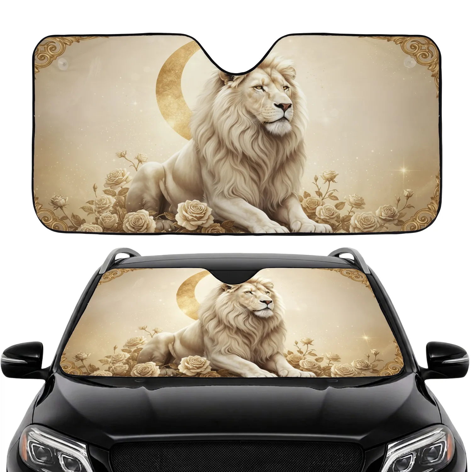 White Lion Golden Moon Rose Vines Celestial Scrollwork - Wildlife Lover Gift Car Sunshade - 1