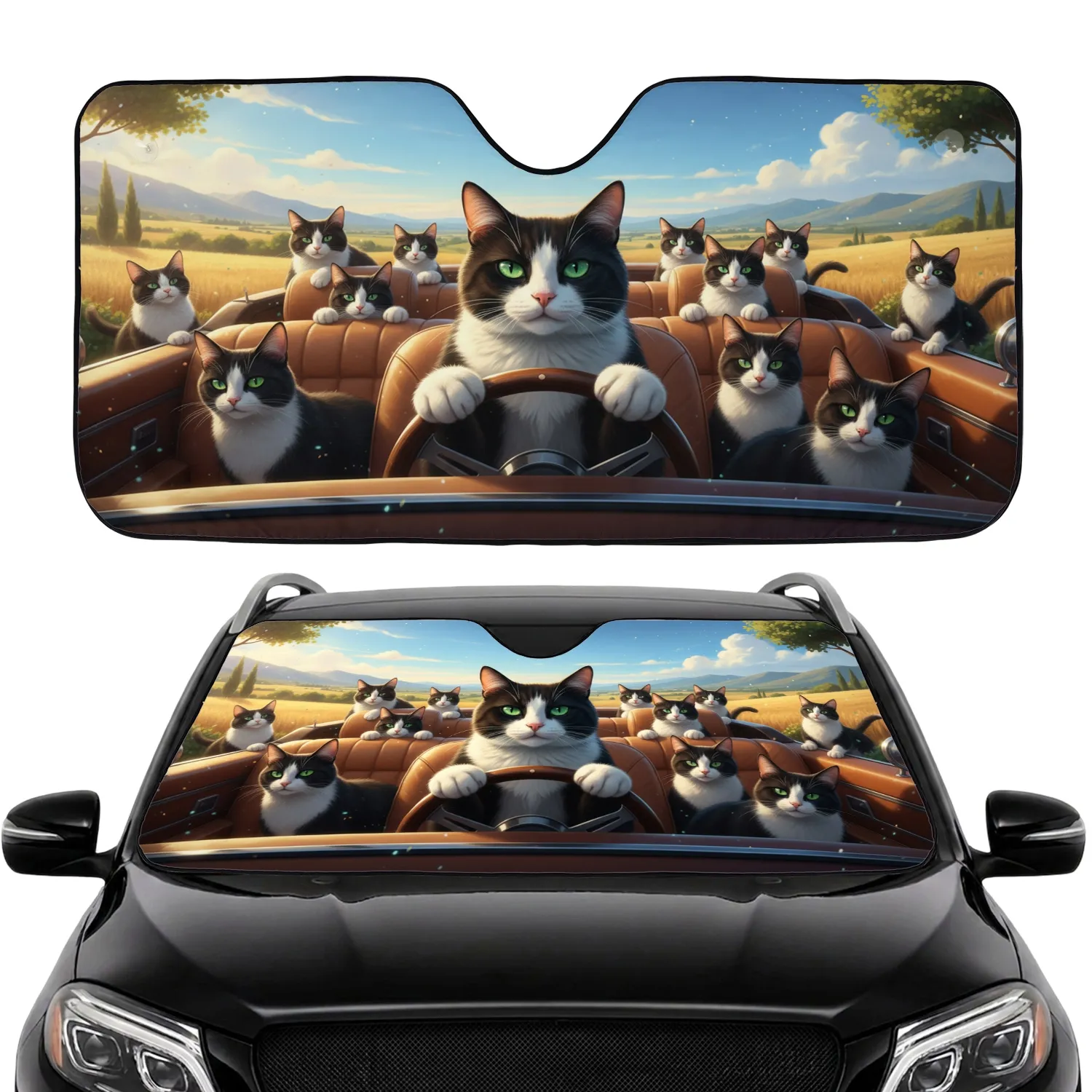 Tuxedo Cats Driving Golden Fields Journey - Travel Essentials Cat Lover Gift Car Sunshade - 1