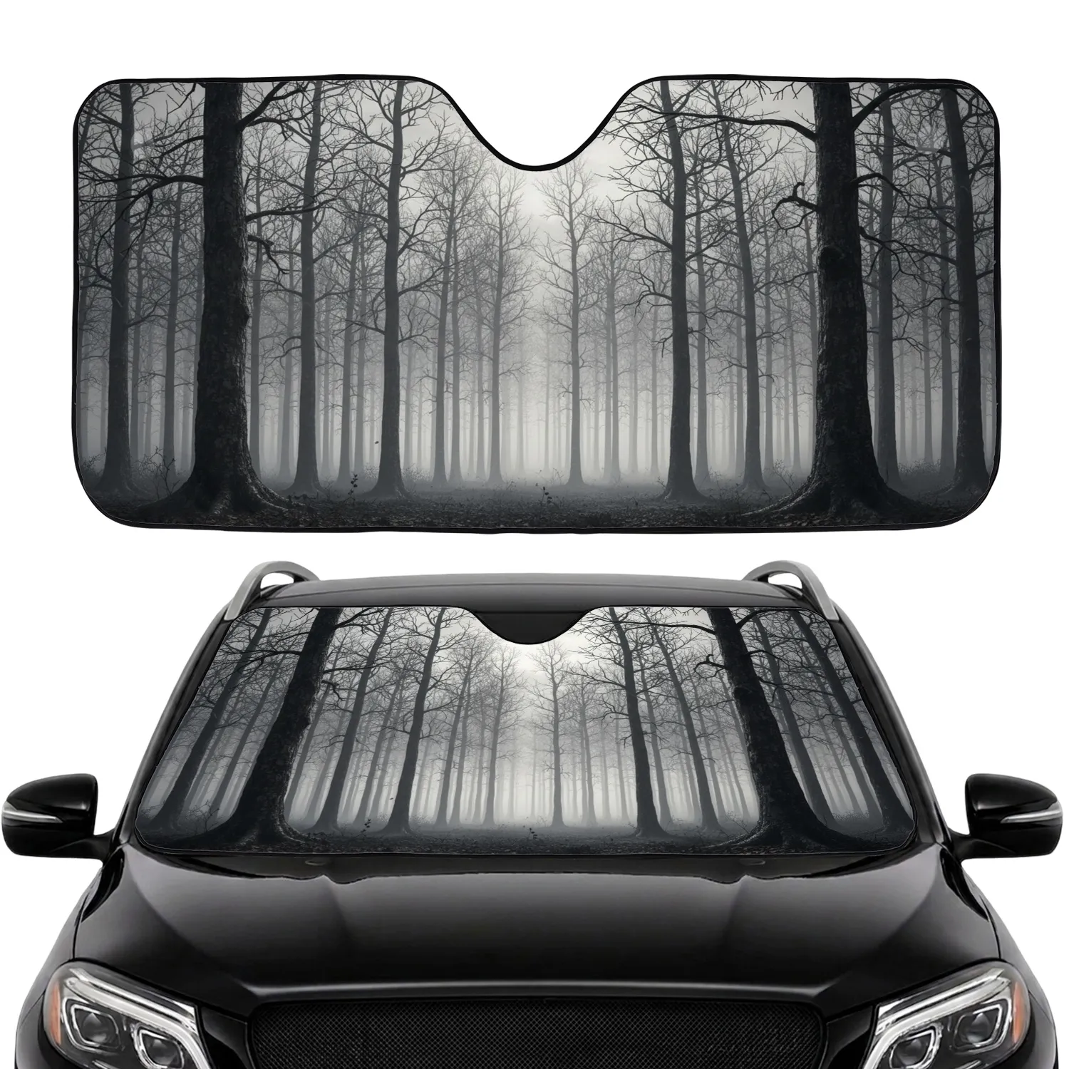 Dense Forest Dark Silhouette Bare Deciduous Trees Foggy Sky - Everyday Nature Lover Gift Car Sunshade - 1