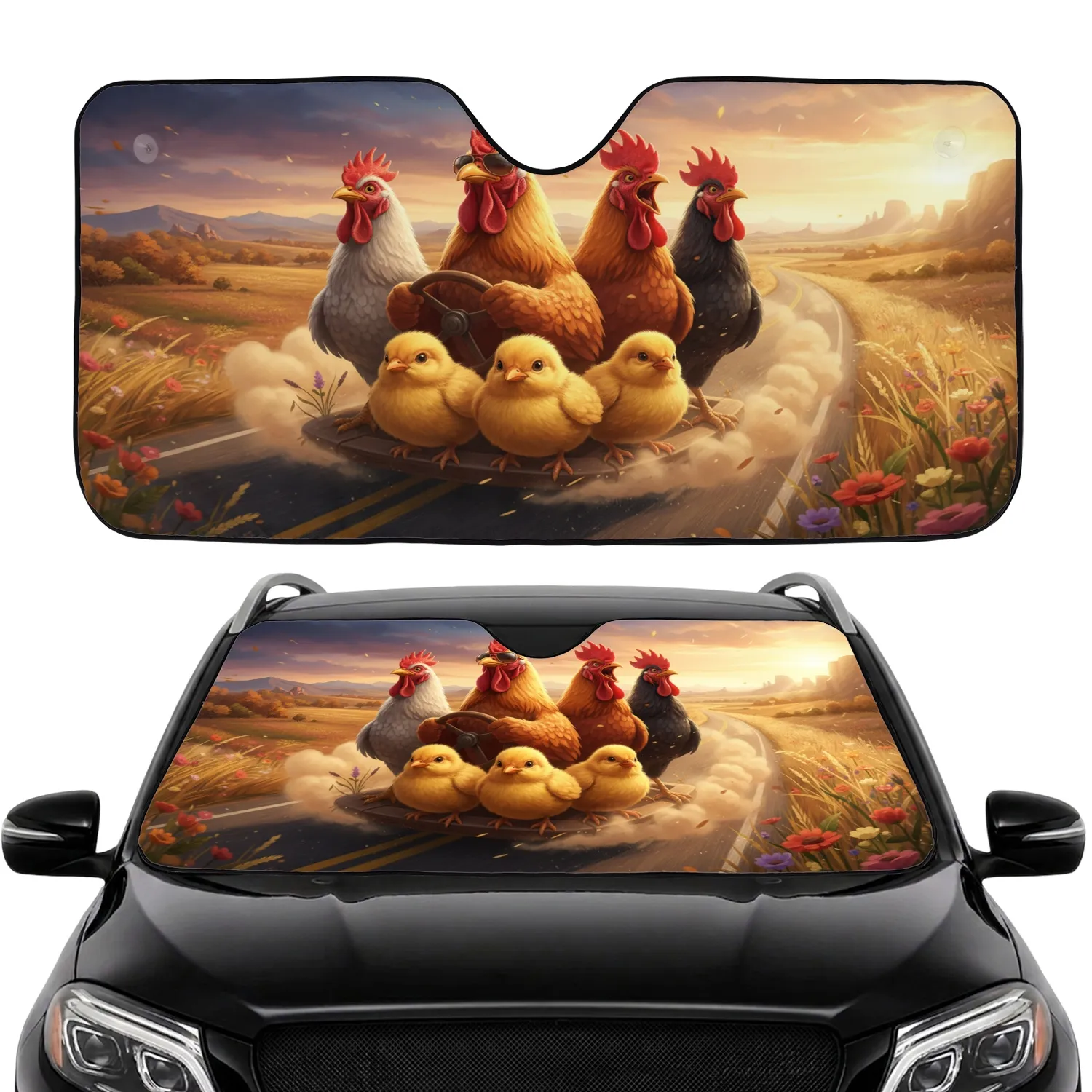 Aviator Rooster Chicks Golden Hour Highway Adventure - Travel Lover Gift Car Sunshade - 1